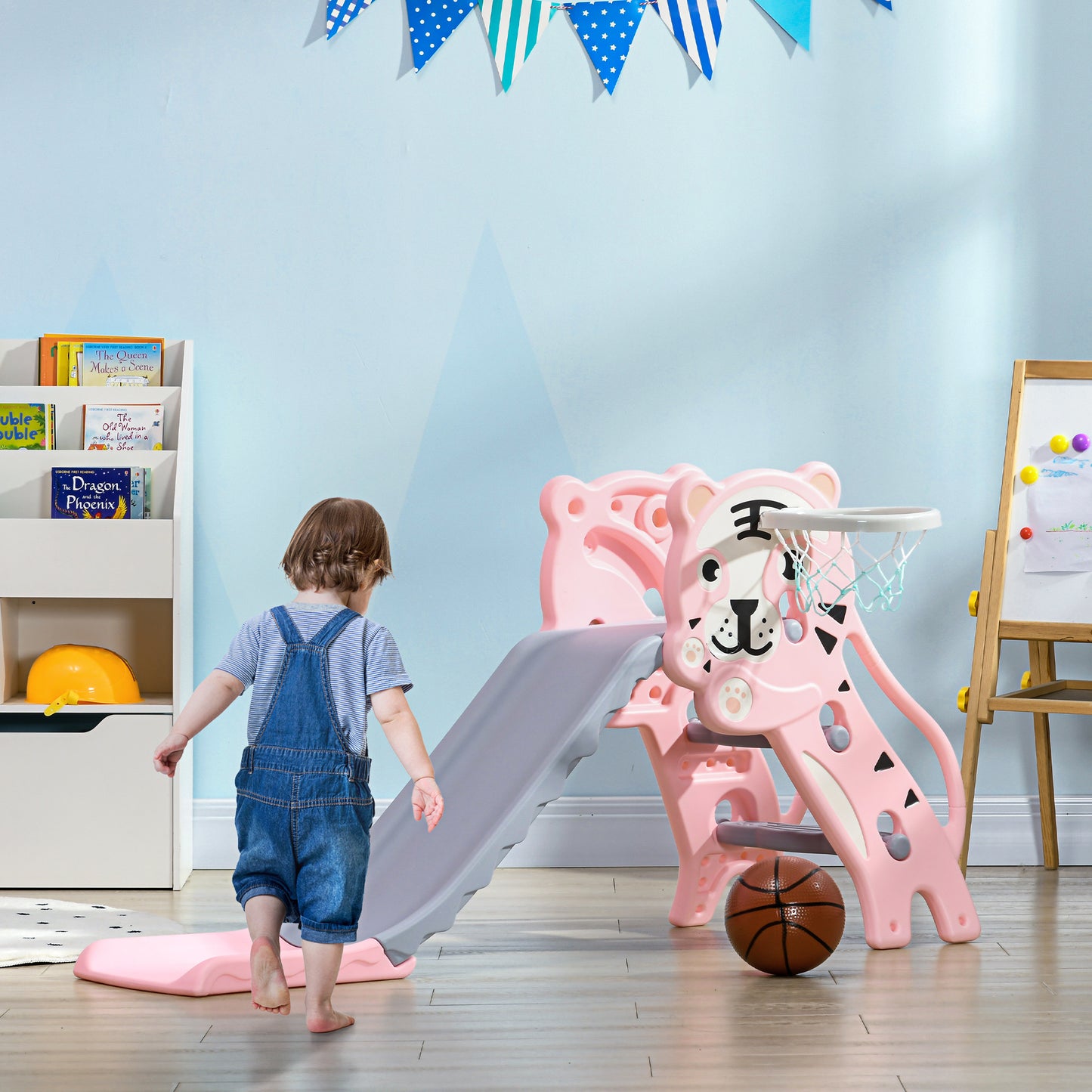 3 in 1 Baby Slide for Indoor Use with Climber, Basketball Hoop