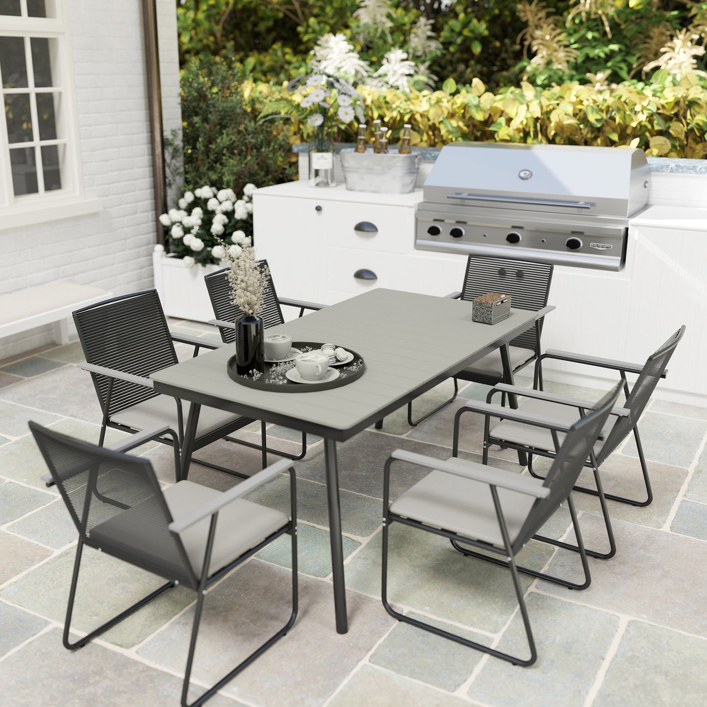 6 Seater Garden Dining Set with Soft Cushions, Rattan Backrest