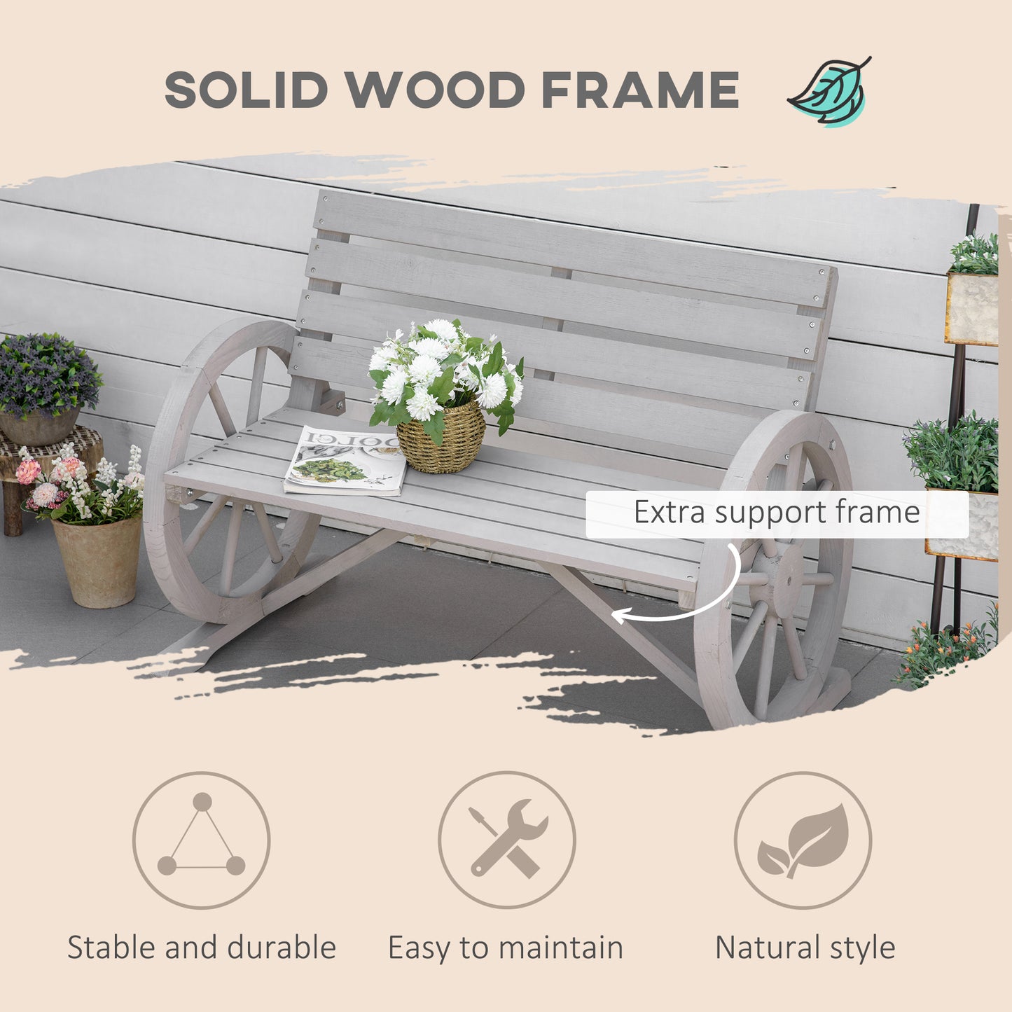 Wooden Cart Wagon Wheel 2 Seater Garden Bench Outdoor Garden