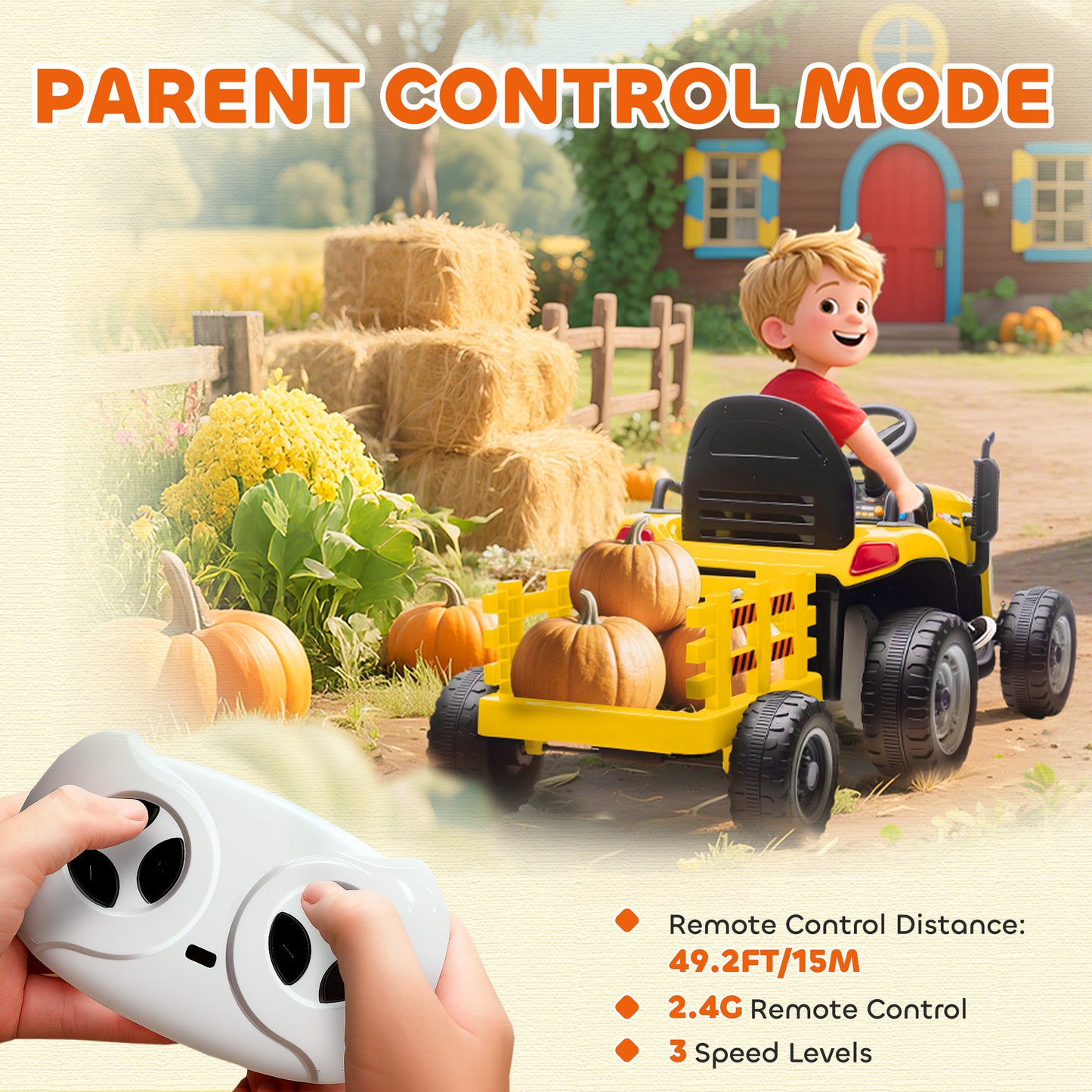12V Ride on Tractor and Trailer with Remote Control, Music, Shifter