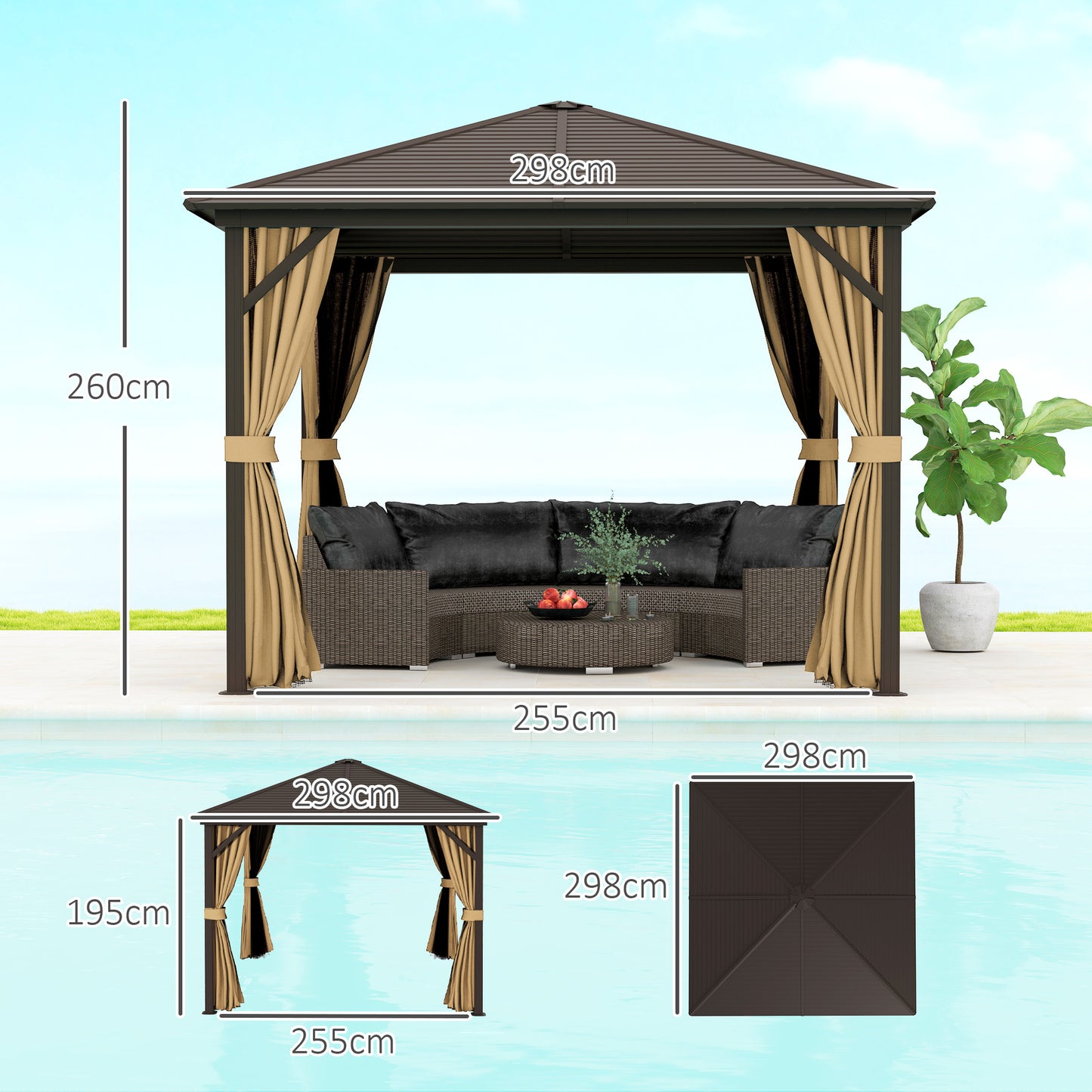 3 x 3(m) Metal Hardtop Gazebo, with Curtains and Accessories