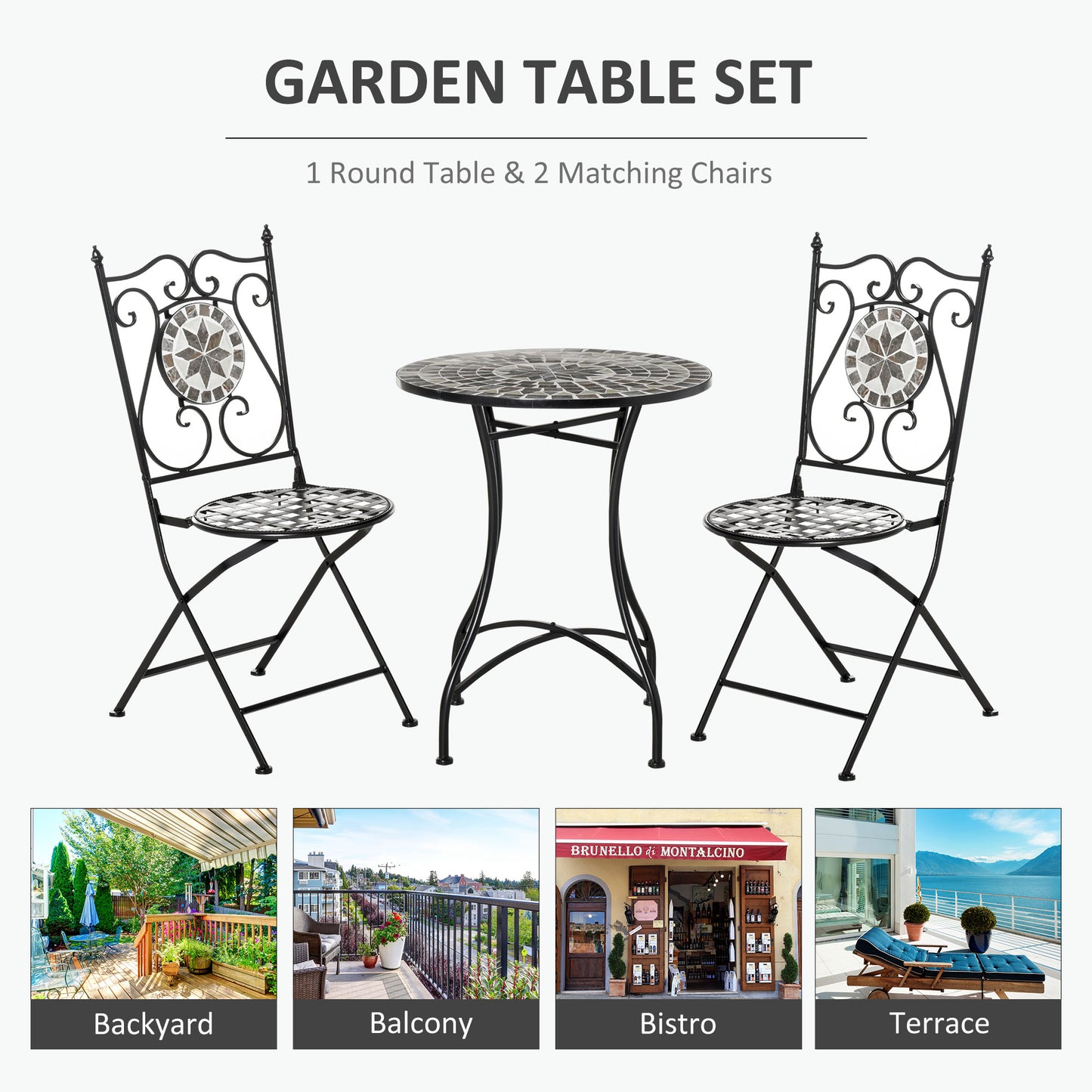 3 Pcs Mosaic Tile Garden Bistro Set Outdoor Seating w/ Table 2