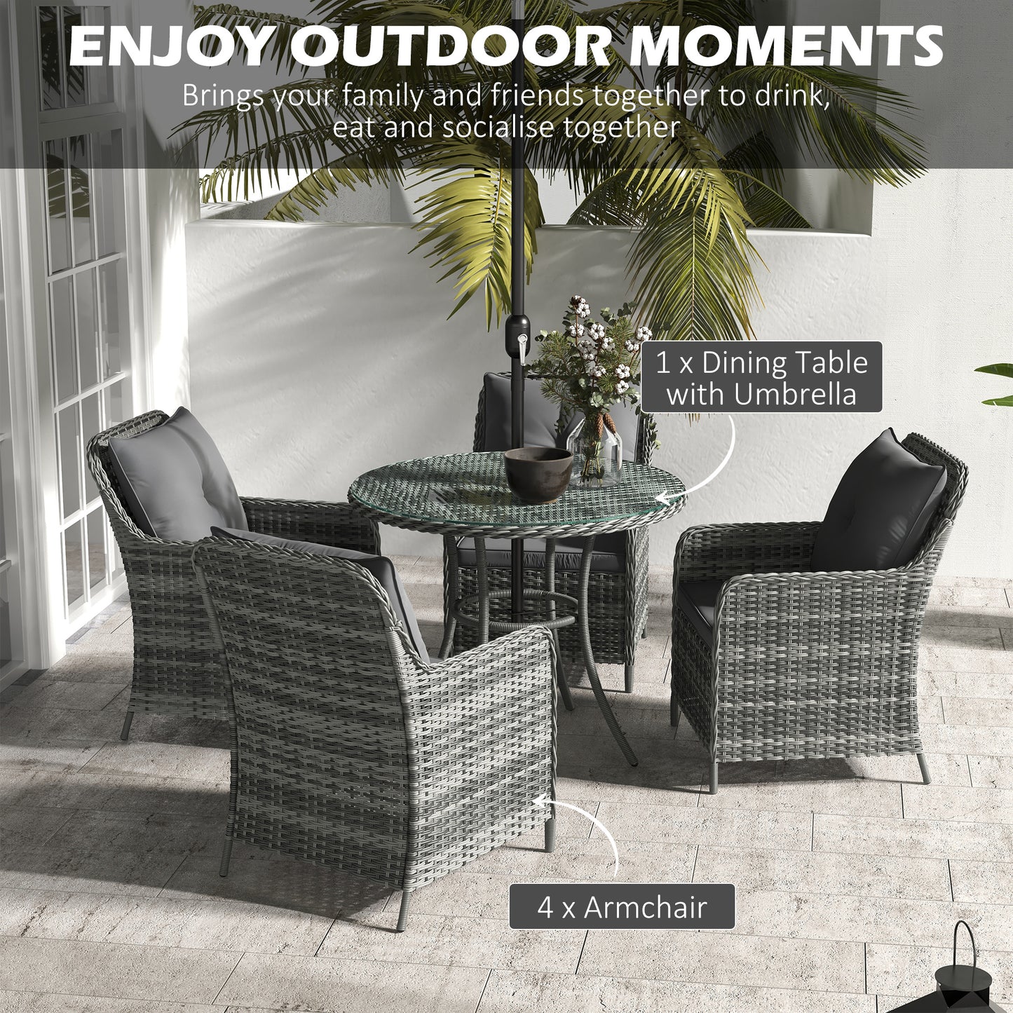 4 Seater Rattan Dining Set with Parasol & Cushions