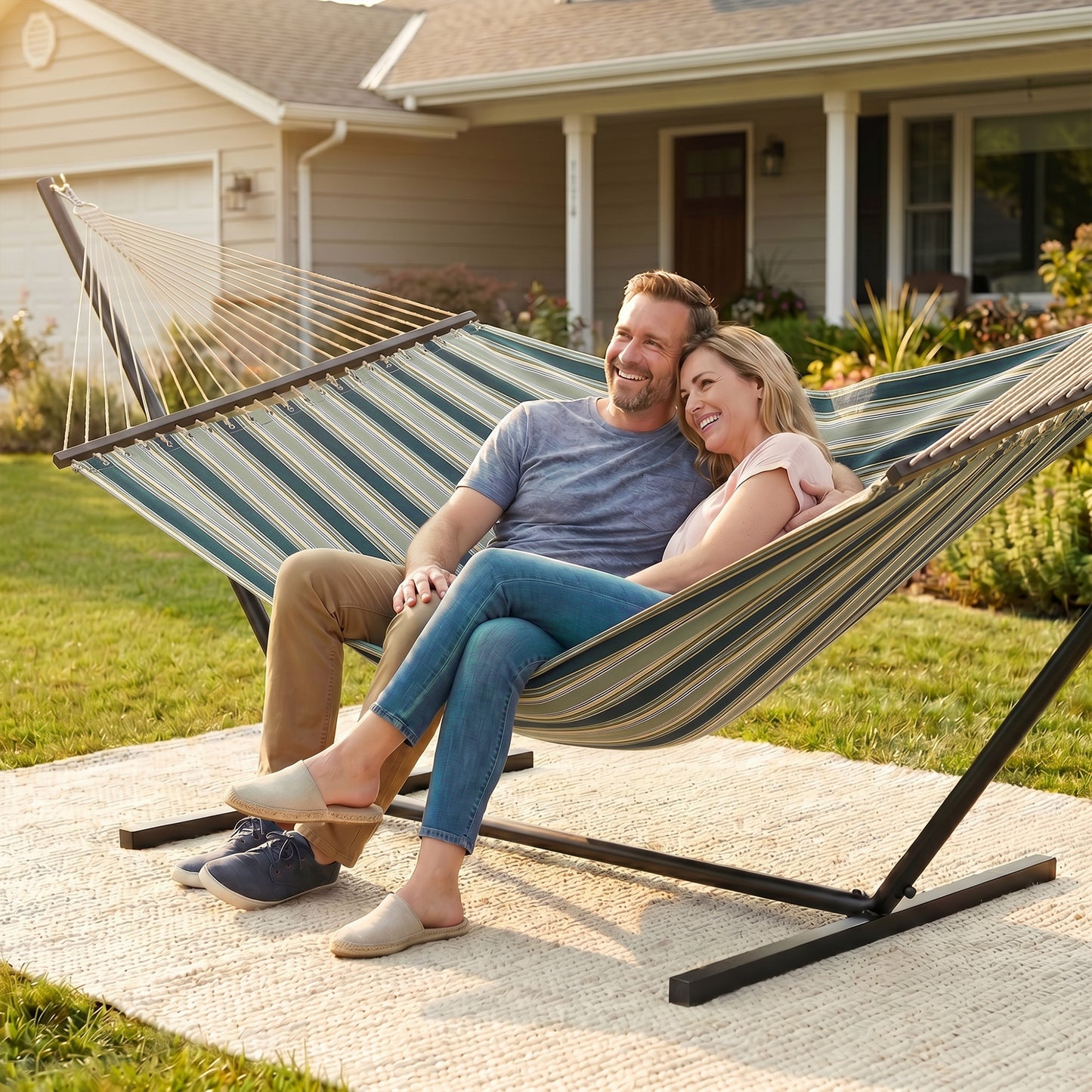 Outdoor Hammock with Stand Detachable Pillow Striped Swing Steel