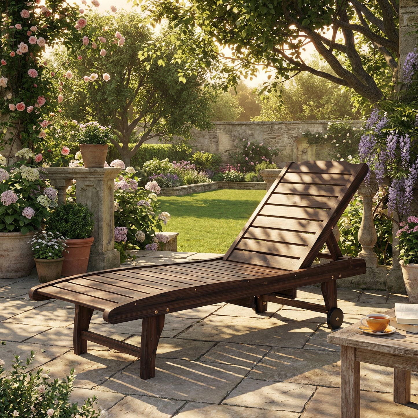 Outdoor Wooden Sun Lounger with Built-In Table