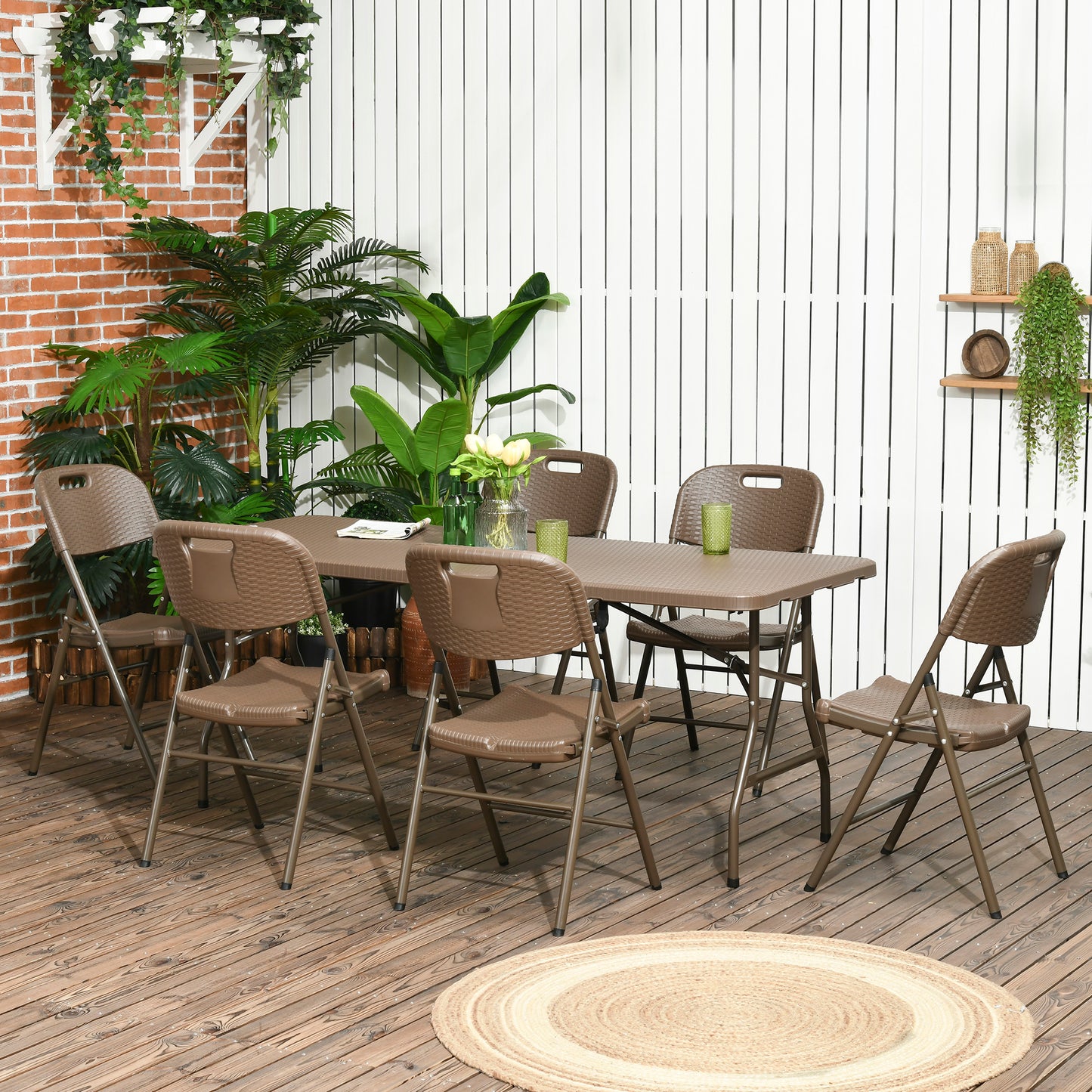 6 Seater Garden Dining Set, Rattan-Style HDPE Garden Furniture Set