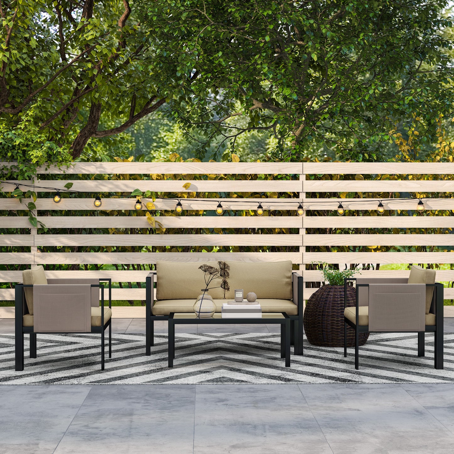 4 Piece Metal Garden Furniture Set with Tempered Glass Coffee Table