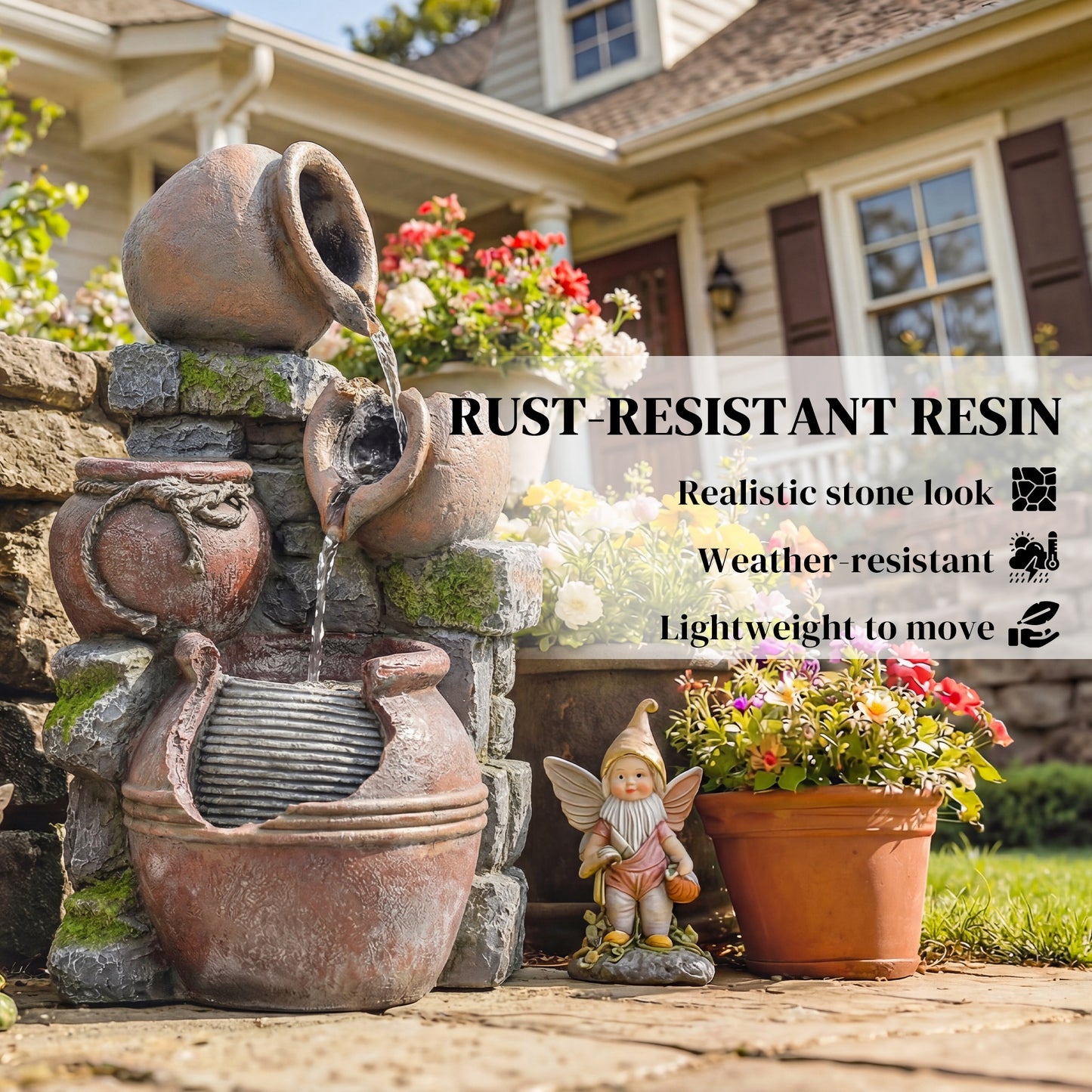 Outdoor Fountain with 4-Tier Rustic Pots & Planter