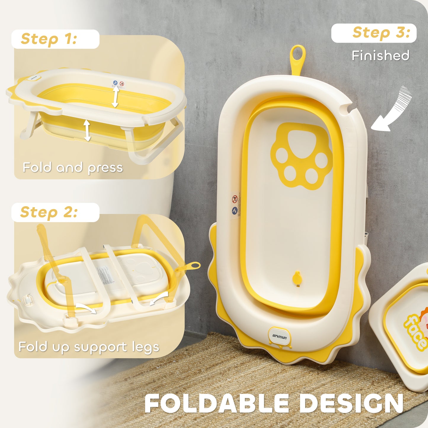 Foldable Baby Bath Tub Set with Bath Cushion, Wash Basin