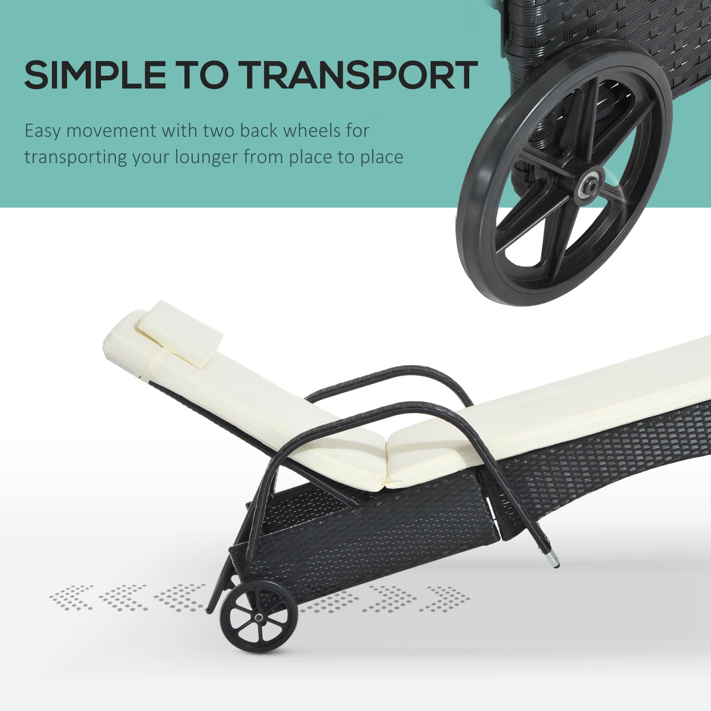 Rattan Sun Lounger, Garden Lounger Recliner with Wheels