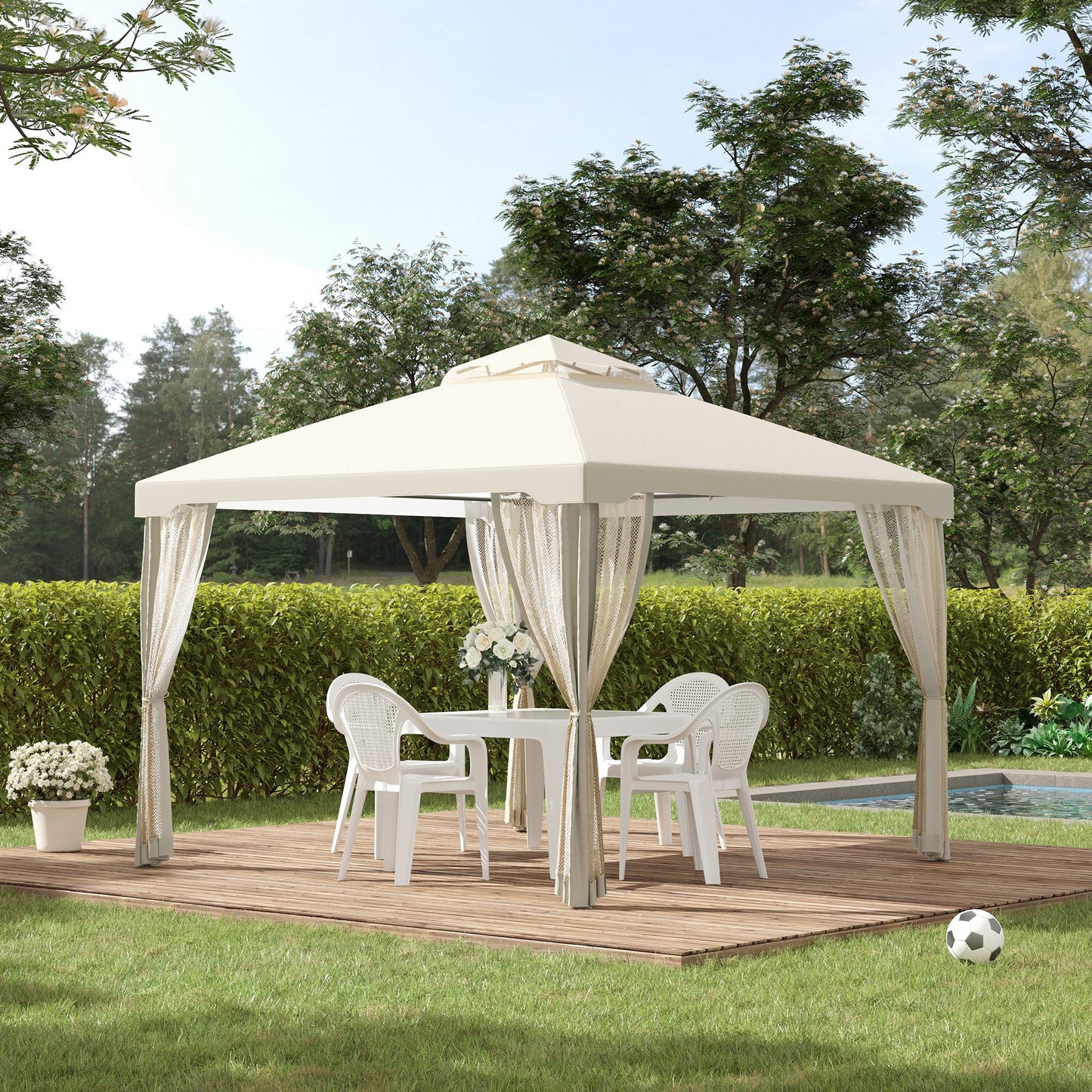 3 x 3 m Metal Gazebo, Double Roof Canopy Shelter with Mesh Sidewalls