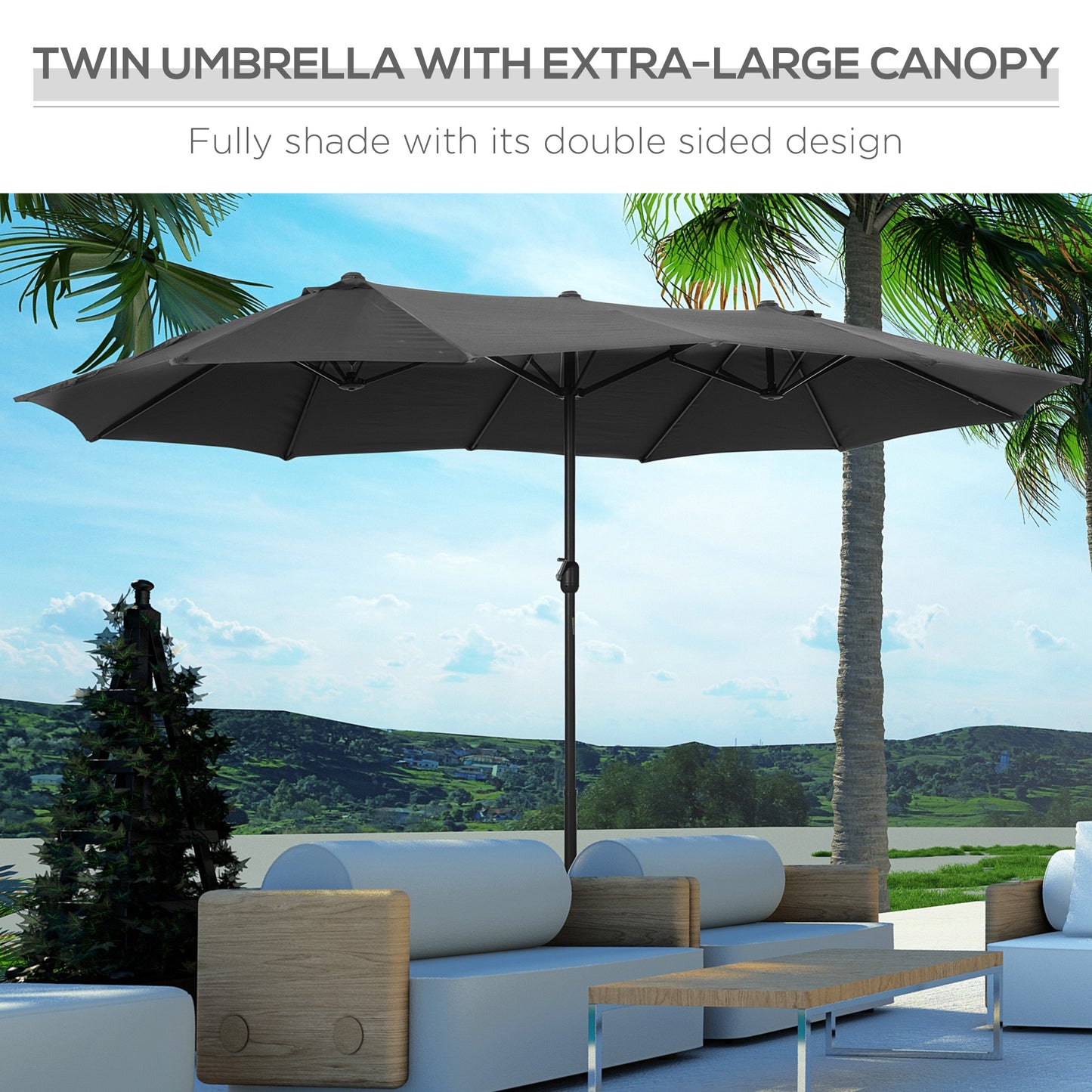 4.6M Sun Umbrella Canopy Double-sided Crank Sun Shade w/ Cross Base (1)