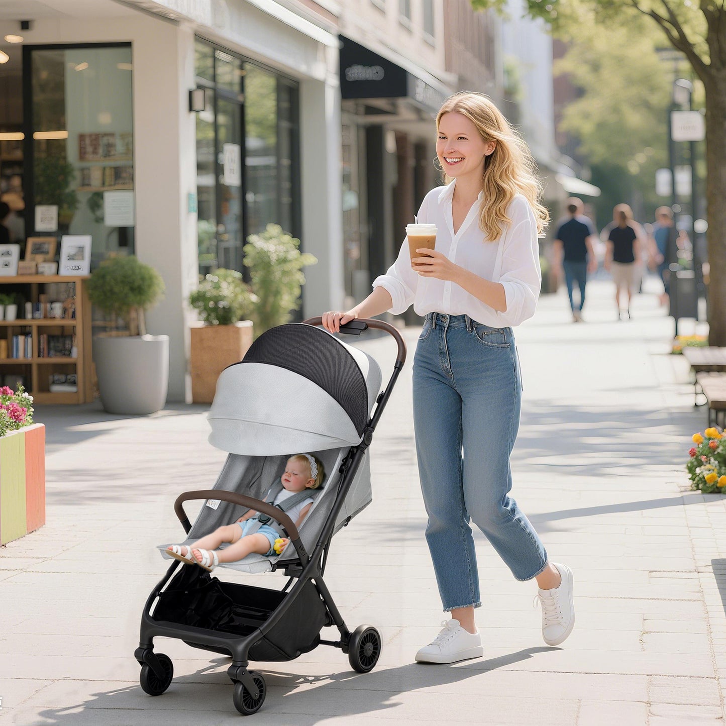 Foldable Baby Stroller with Adjustable Seat, 5-Point Harness, Canopy