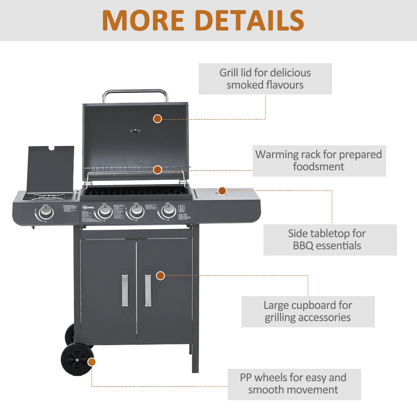 3+1 Burner Gas BBQ Grill, Outdoor Barbecue Trolley with Wheels