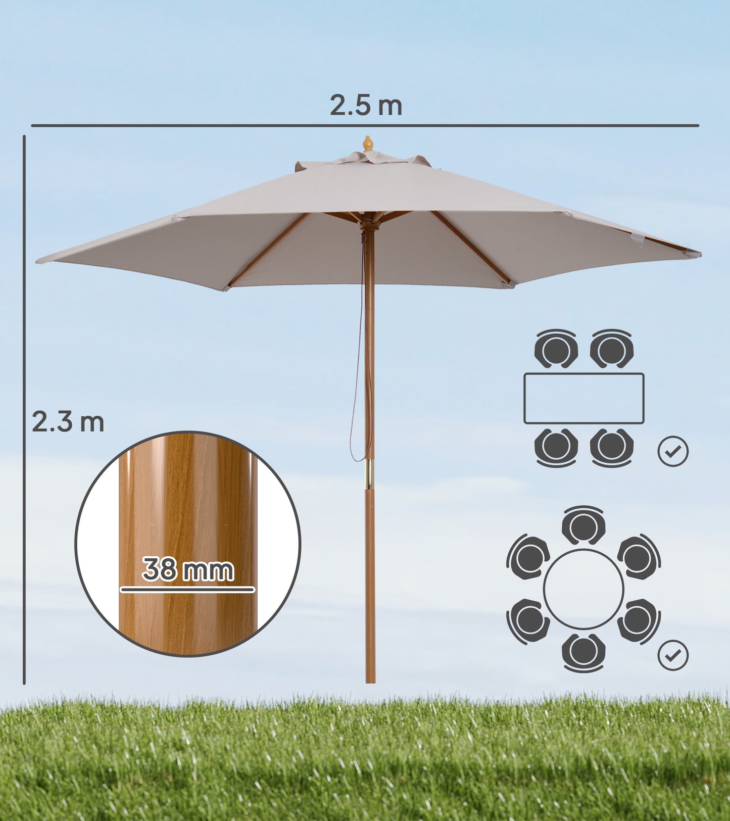 2.5m Wood Garden Parasol Sun Shade Patio Outdoor Wooden Umbrella