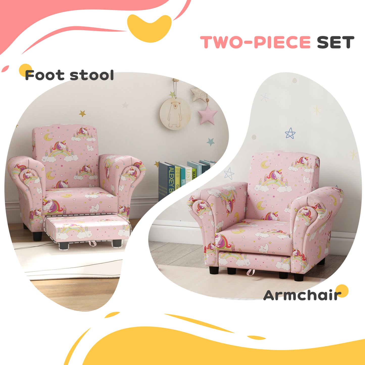 2 Piece Kids Sofa Set with Unicorn Design, Wooden Frame