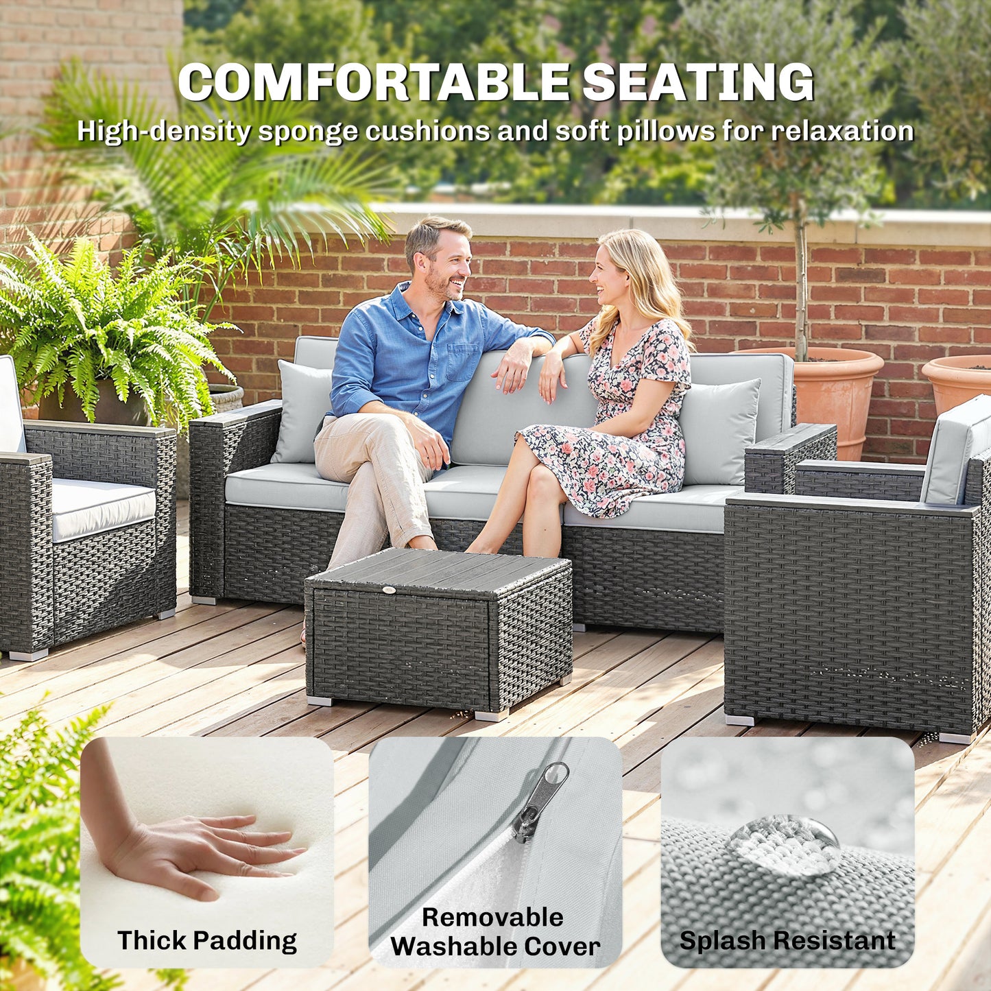 5 Seater Rattan Garden Furniture Set with Wide Armrests, Cushions