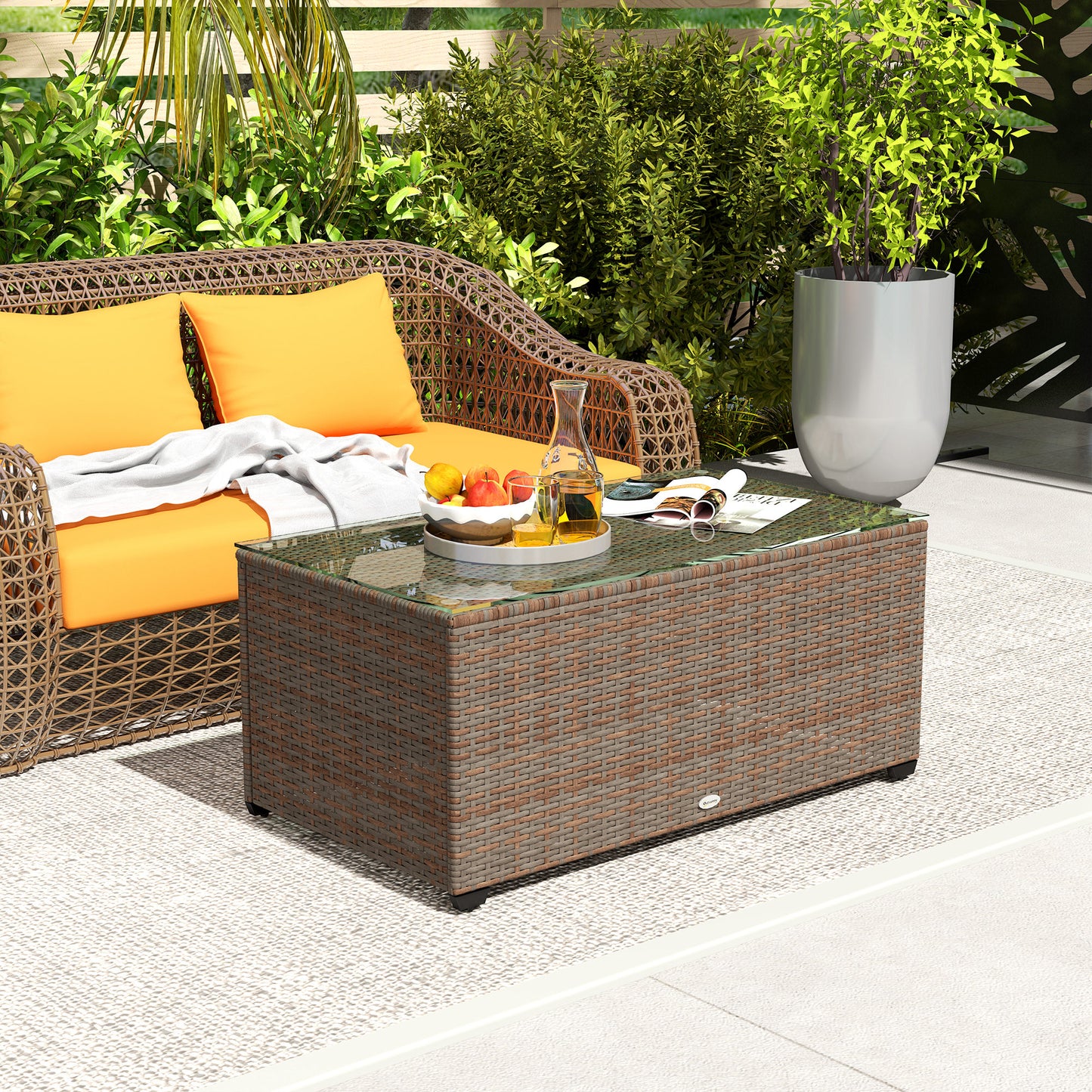 90 x 50cm Glass-Top Rattan Side Table