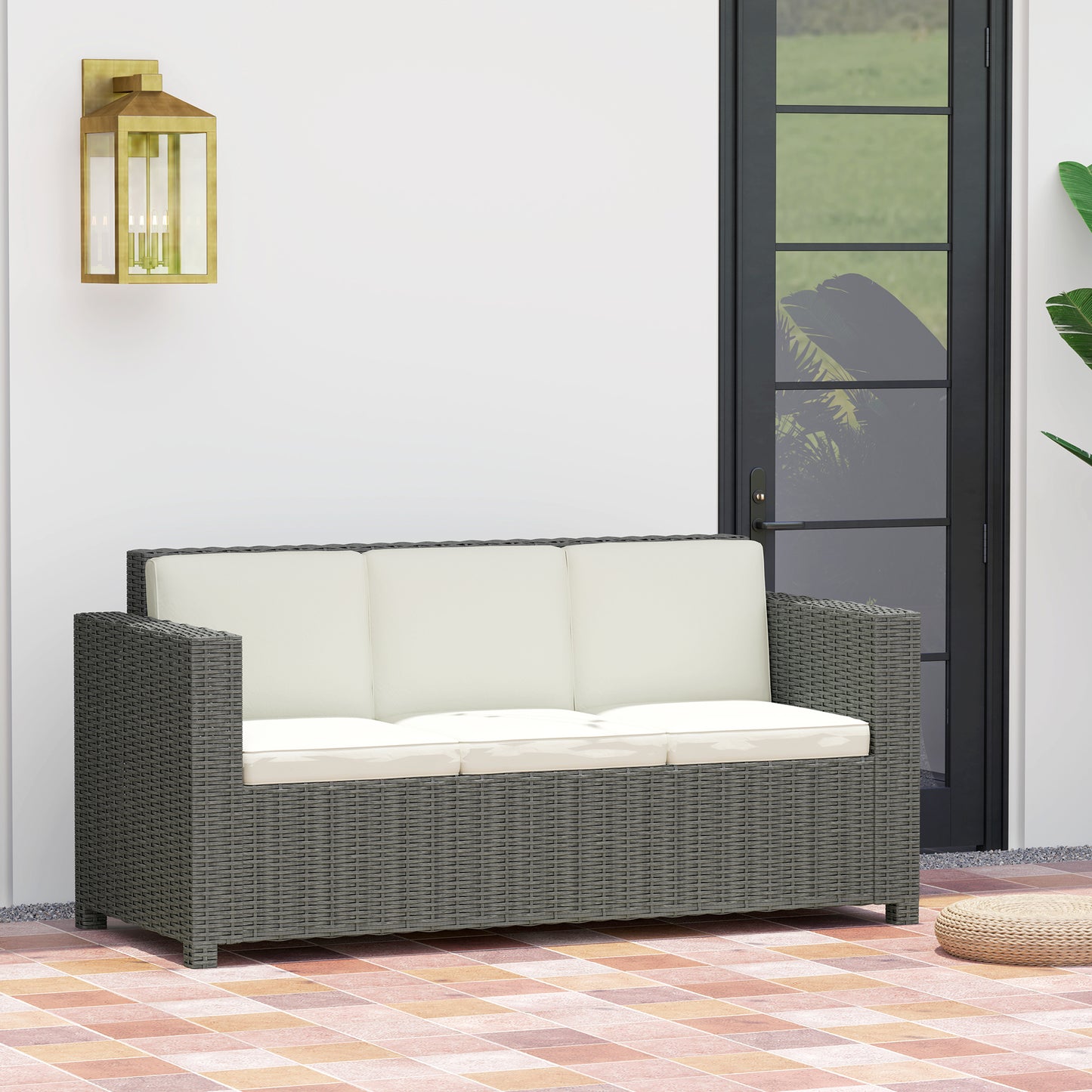 3 Seater Rattan Sofa All-Weather Wicker Weave Metal Frame Chair (1)