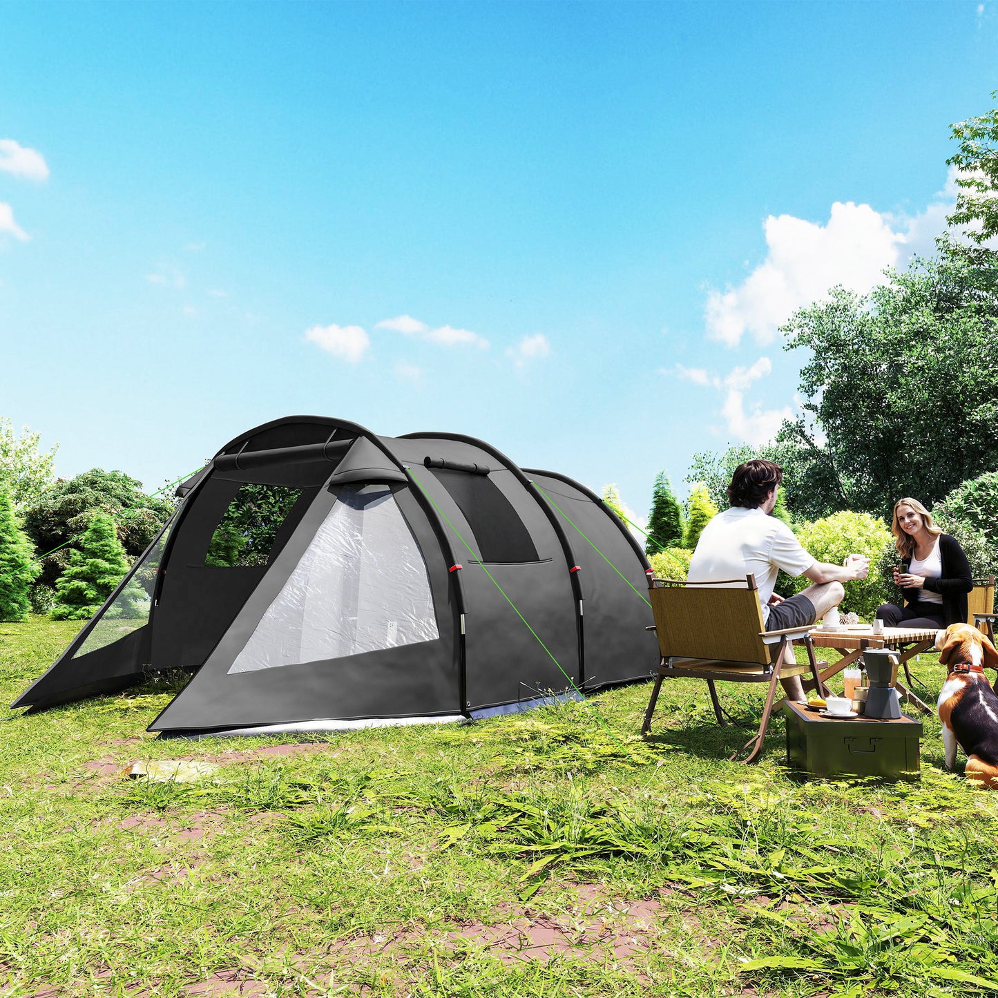 3-4 Man Tunnel Tent, Two Room Camping Tent with Windows