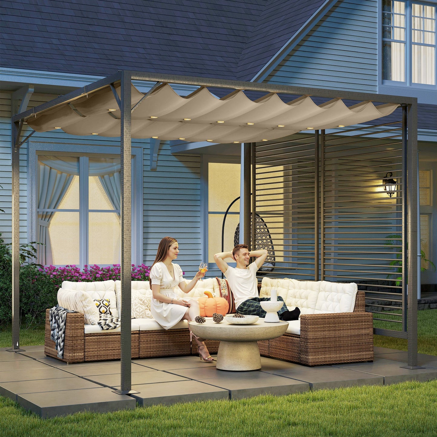 3 x 2.8m Metal Pergola, with Retractable Fabric Roof