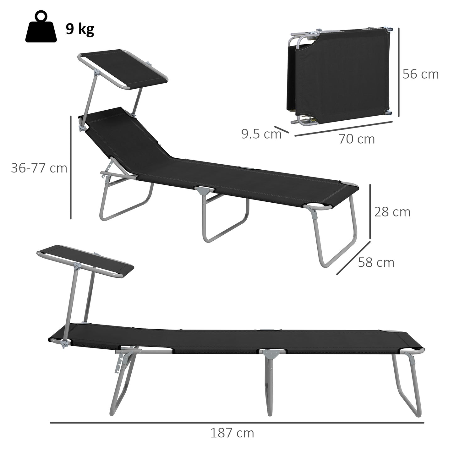 Foldable Sun Lounger Set of 2 with Sun Shade & Adjustable Backrest