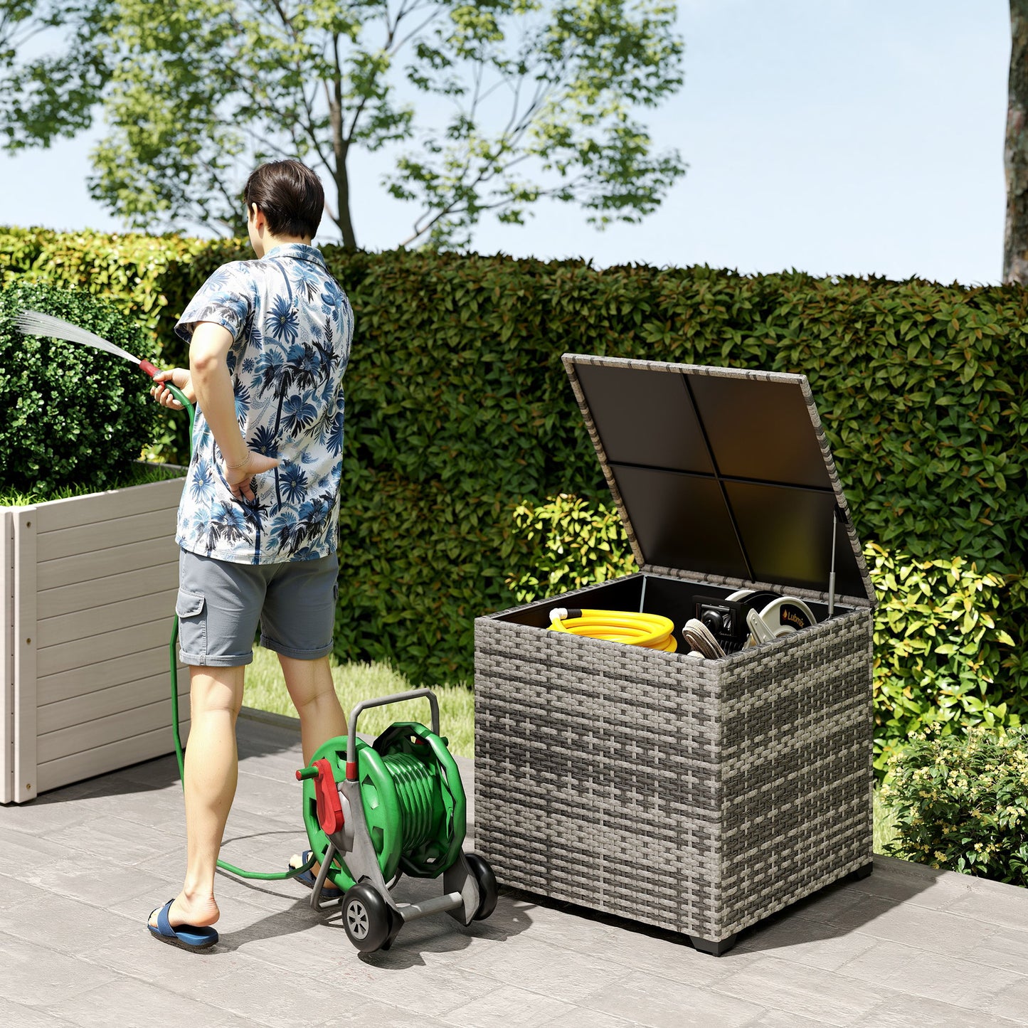 253L Garden Storage Box, Rattan Deck Box with Zipped Liner