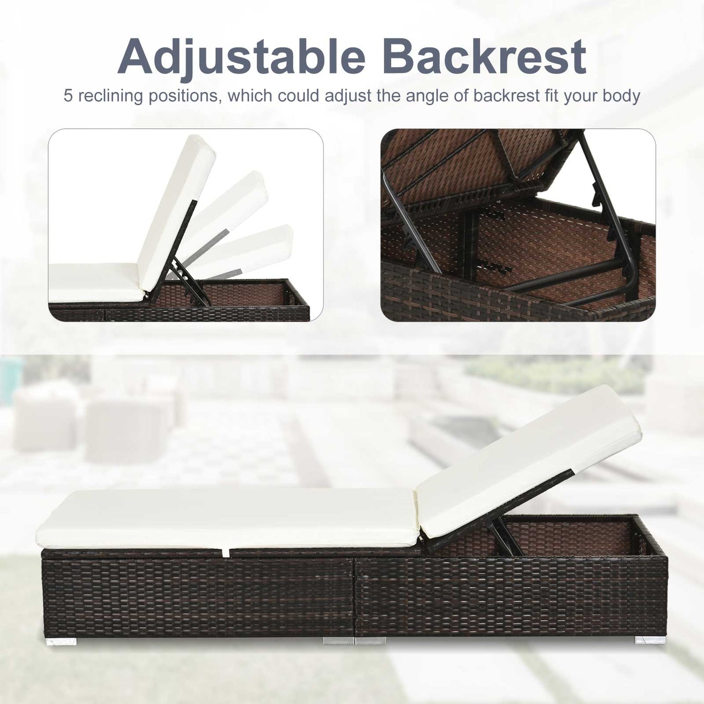 PE Rattan Sun Lounger, Five-level Adjustable Recliner Bed Chair