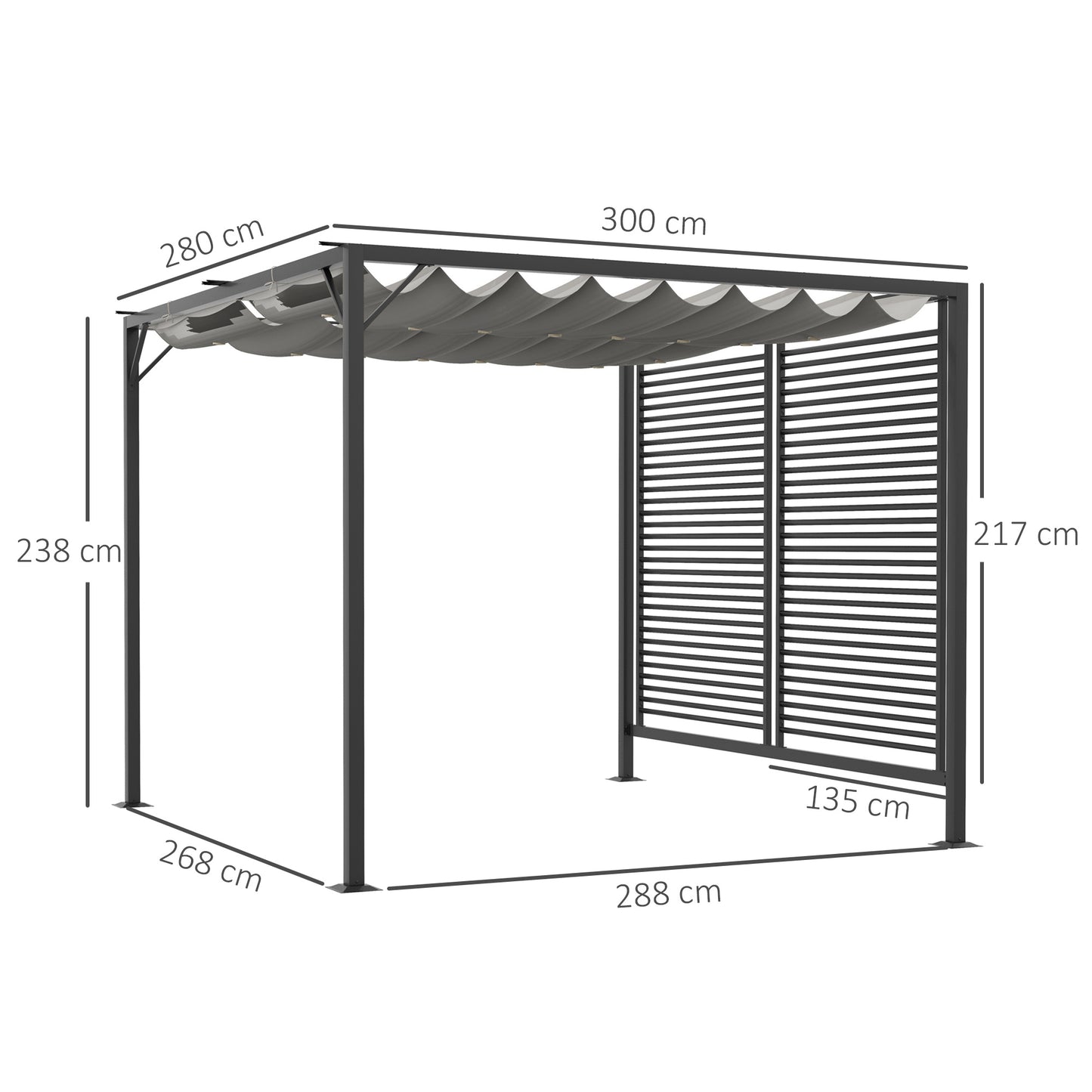 3 x 2.8m Metal Pergola, with Retractable Fabric Roof