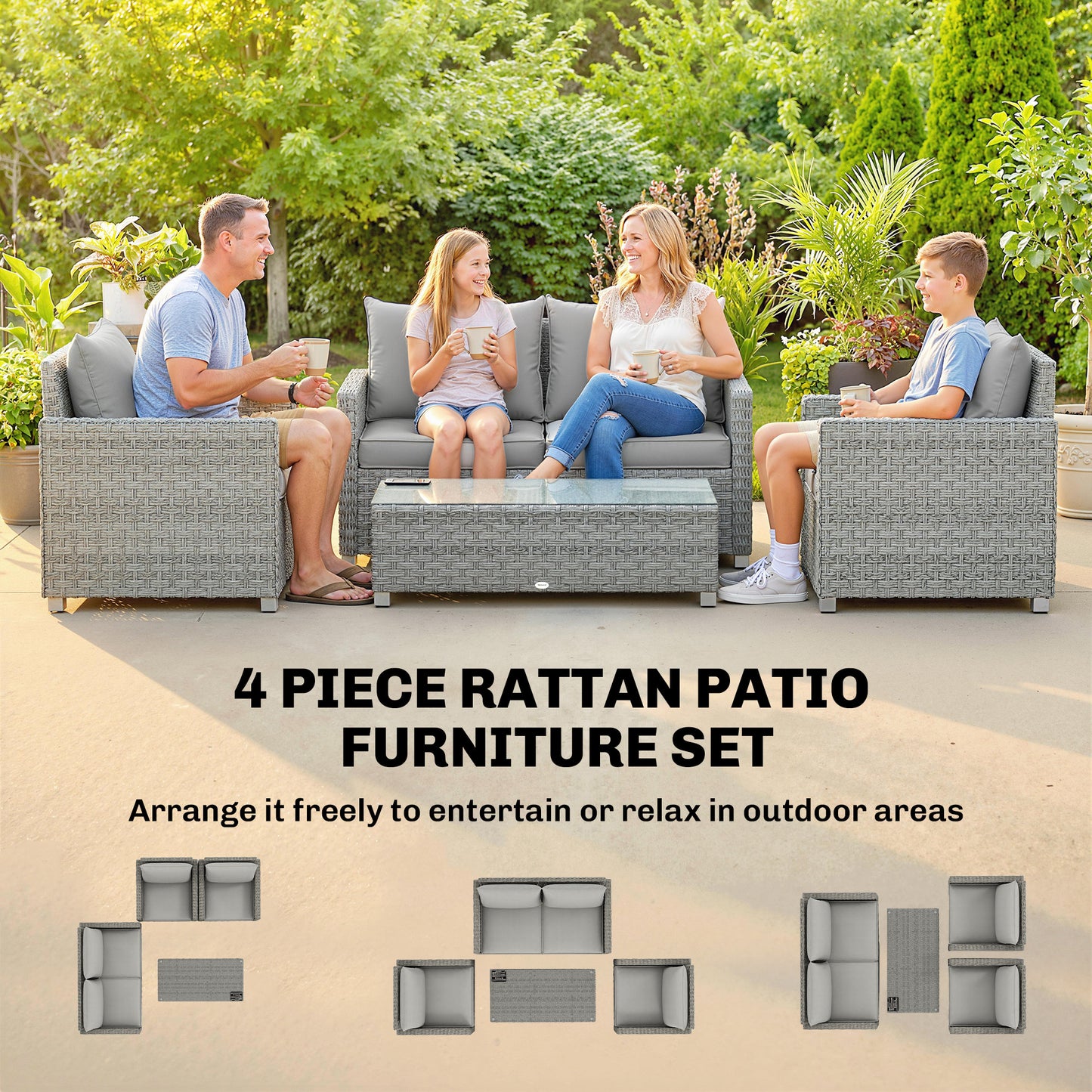 4 Piece Rattan Garden Furniture Set with Loveseat, 2 Armchairs