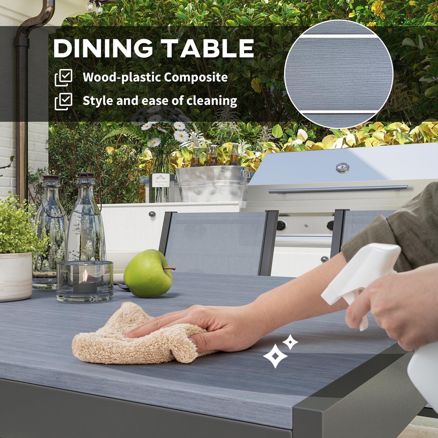 Seven-Piece Garden Dining Set, with Plastic Wood-Top Table