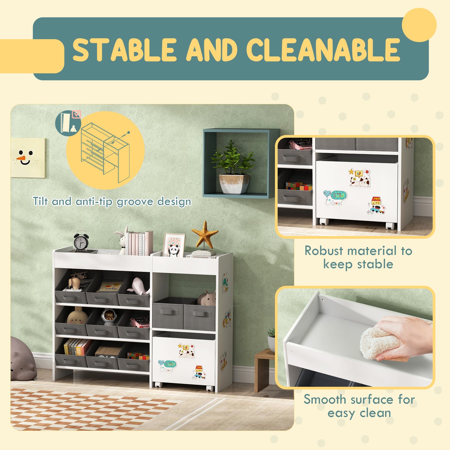 Kids Toy Storage Unit with 11 Bins, Cabinet, Top Shelves, 3 Stickers
