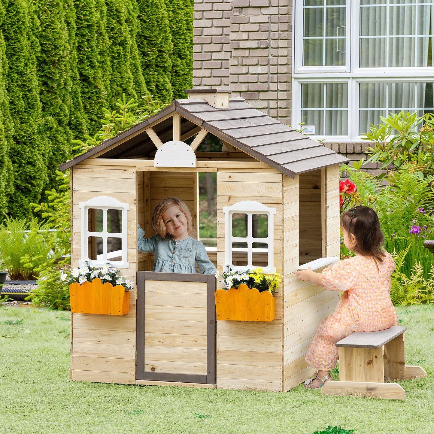 Wooden Playhouse for Kids Outdoor Wendy House with Door, windows