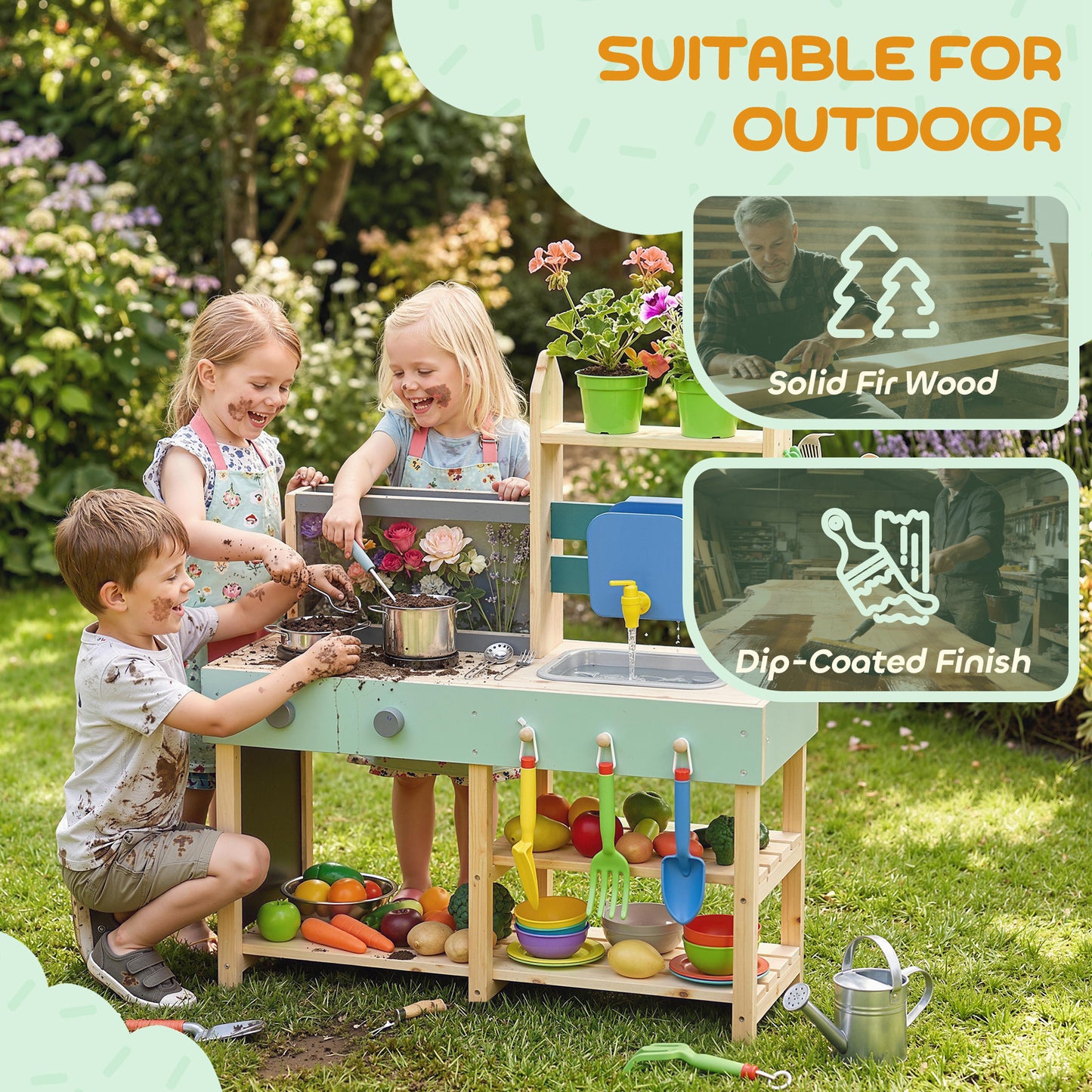 Mud Kitchen with Working Faucet, Kids Play Kitchen with Flower Pots