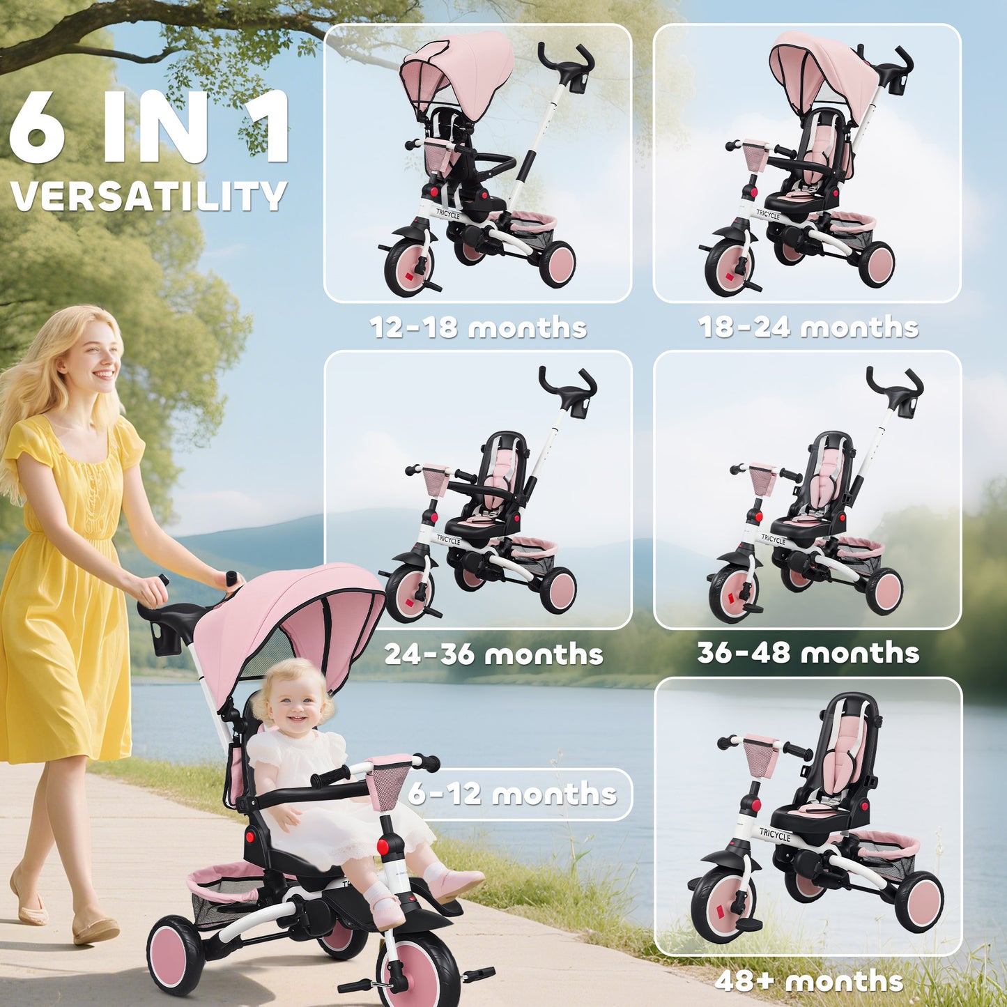 6 in 1 Foldable Kids Trike with Adjustable Parent Handle & Canopy