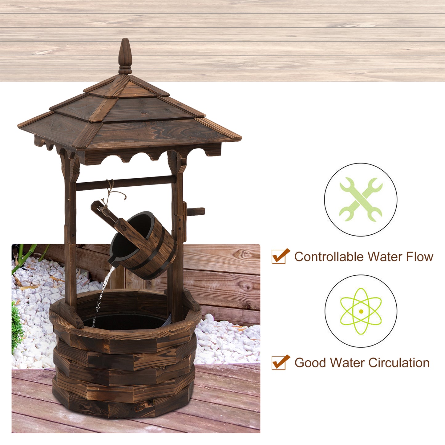 Wooden Garden Wishing Well Fountain Barrel Waterfall Rustic Wood