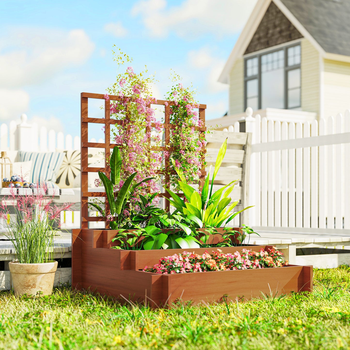 3 Tier Garden Planters with Trellis for Vine Climbing (1)