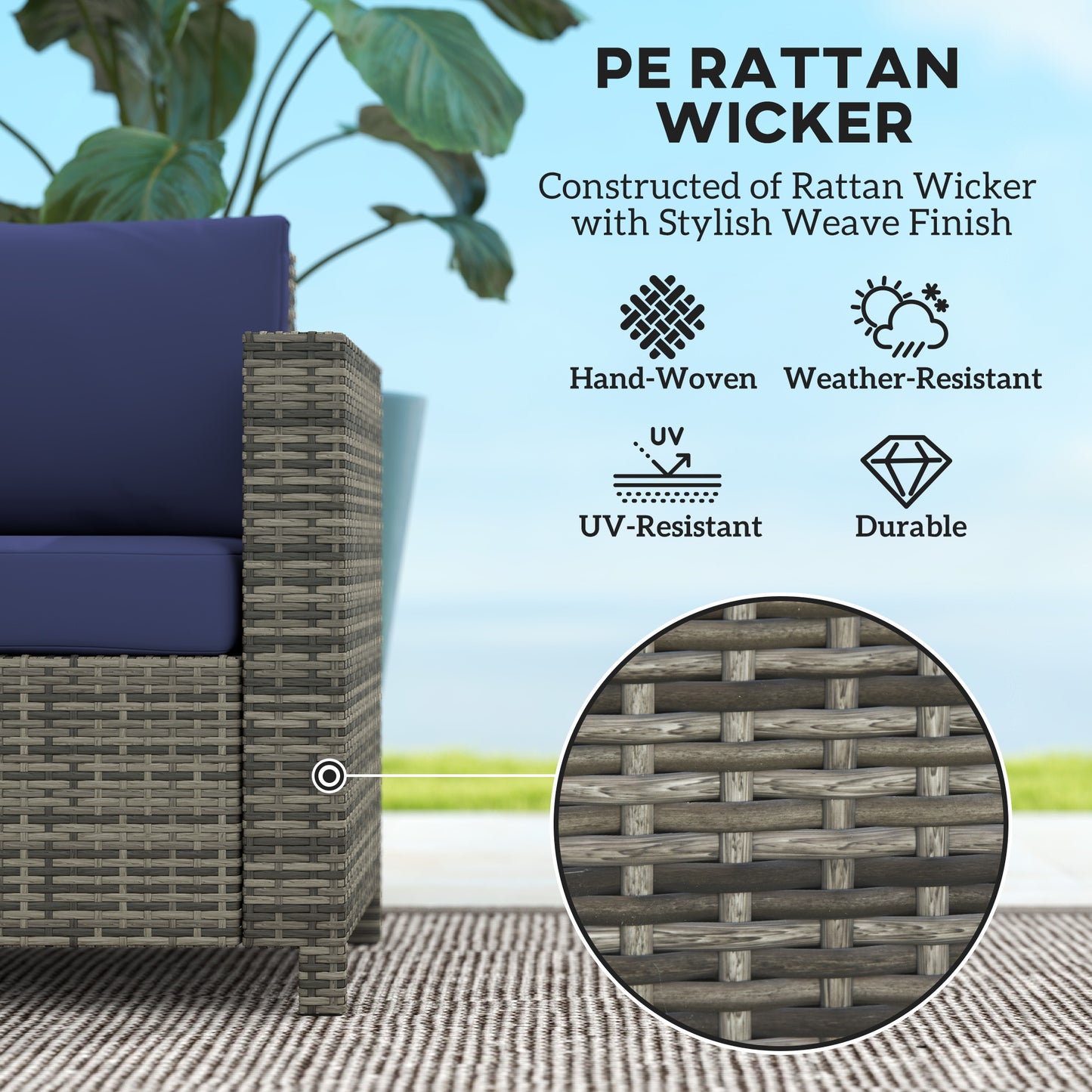 Rattan Sofa, 2 Seater Garden Furniture with Soft Padded Cushion