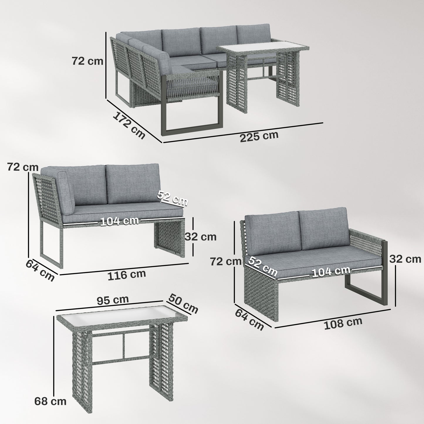 6 Seater Rattan Garden Furniture Set with 3 Loveseats, Table