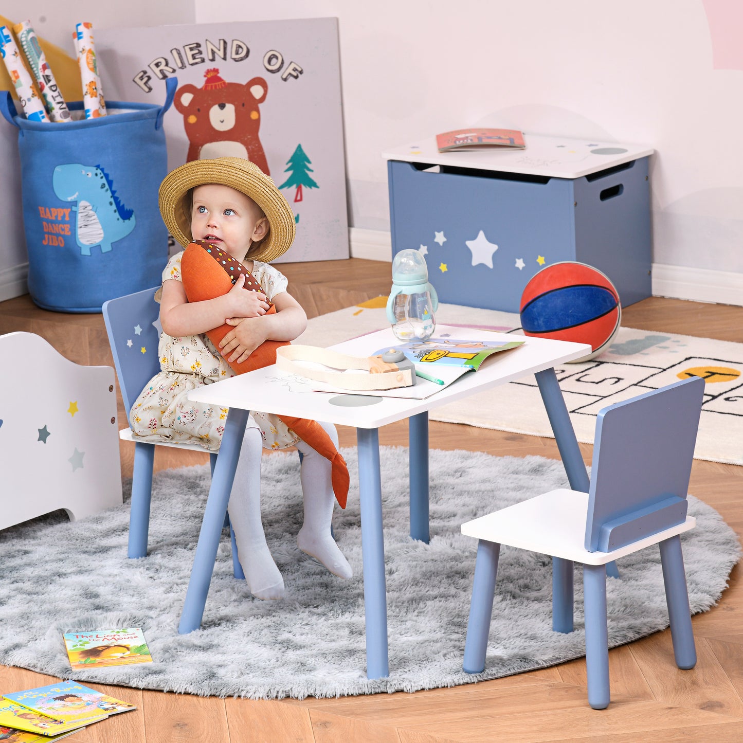 3 Pcs Kids Table & Chairs Set w/ Wood Legs Safe Corners Cute Stars