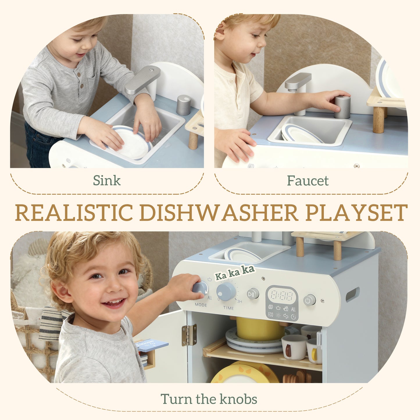 Wooden Dishwasher Playset, Kitchen Sink Toys with Faucet