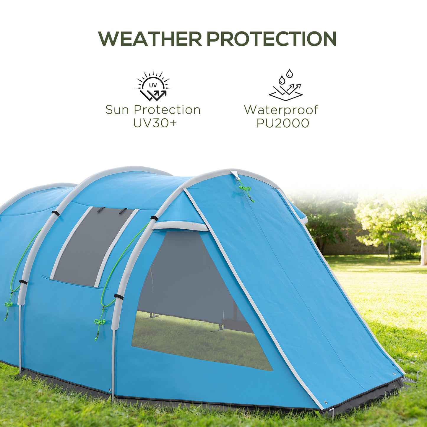 3-4 Man Tunnel Tent, Two Room Camping Tent with Windows