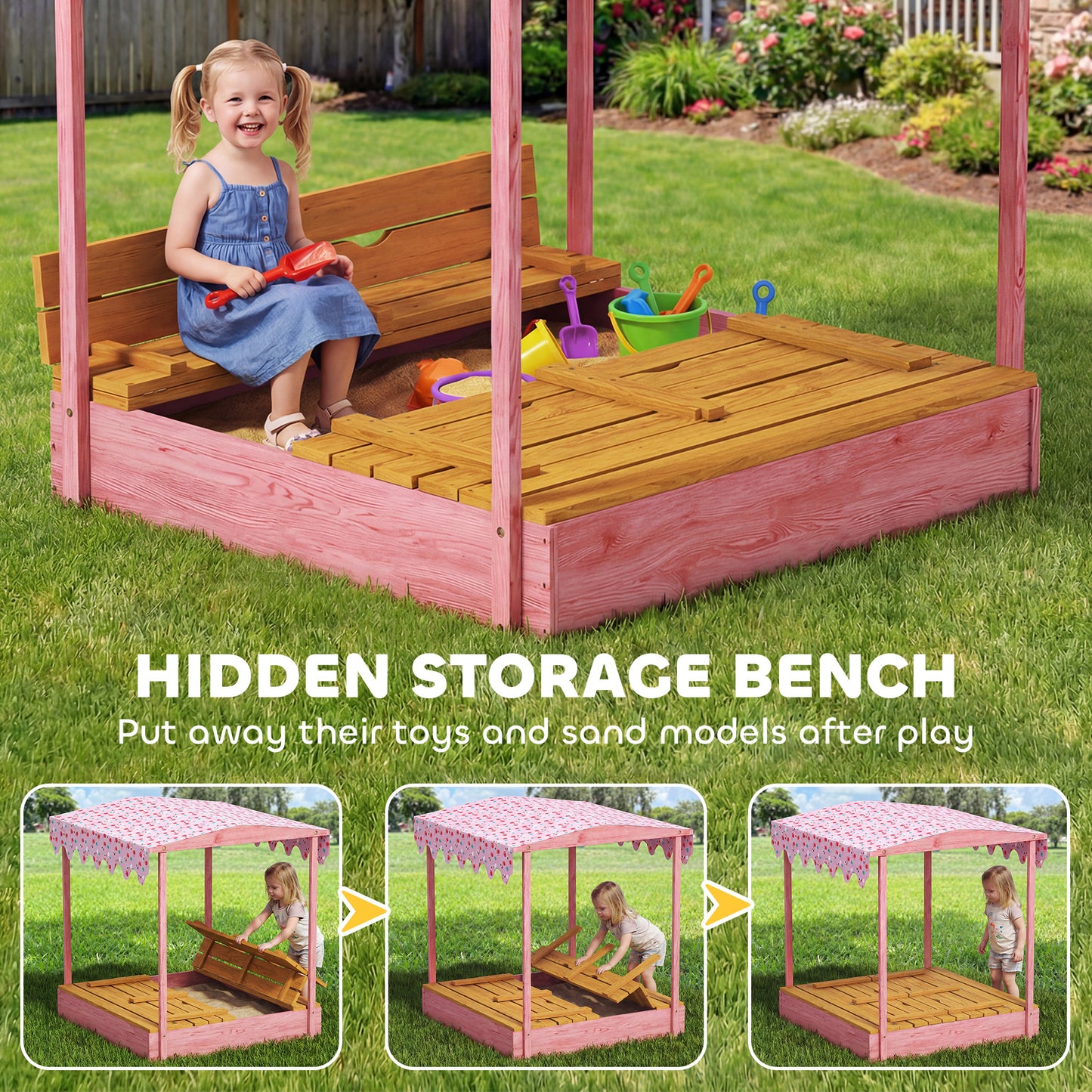 Wooden Sandbox with Lid, Flamingos Print Canopy