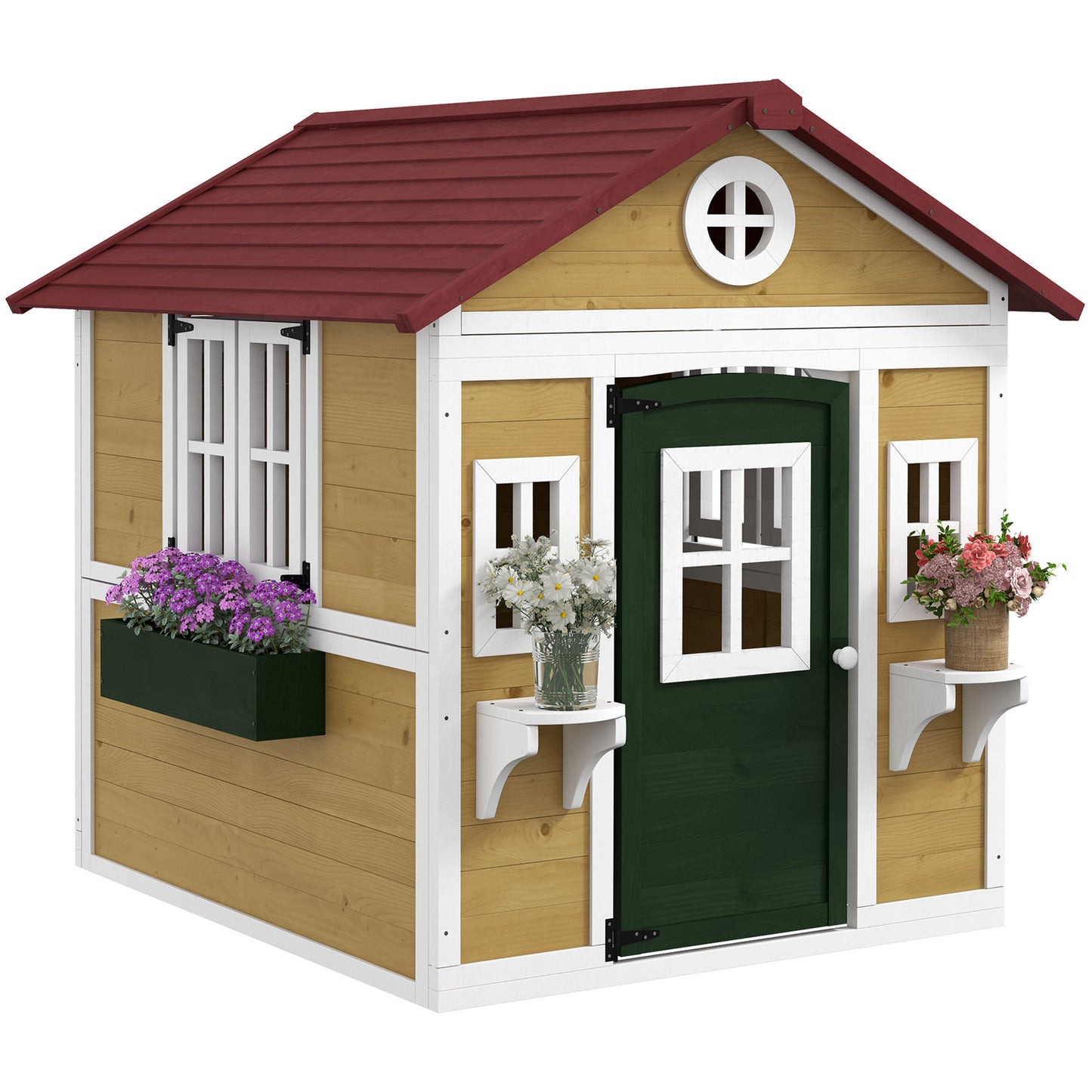 Wooden Playhouse with Doors, Windows, Plant Pots, Boxes, for 3-8 Years