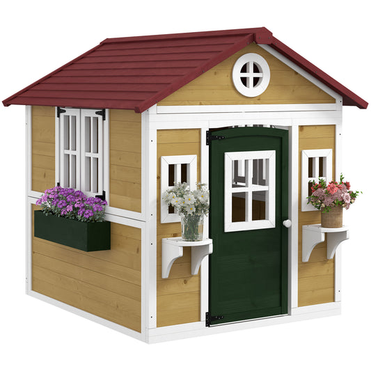 Wooden Playhouse with Doors, Windows, Plant Pots, Boxes, for 3-8 Years