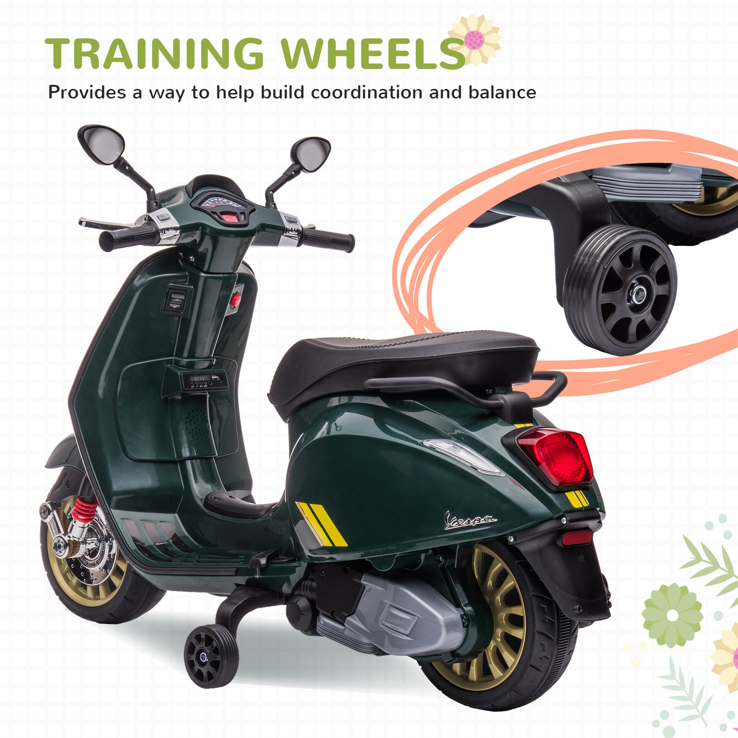 12V Vespa Licensed Kids Electric Motorbike w/ Music, Lights