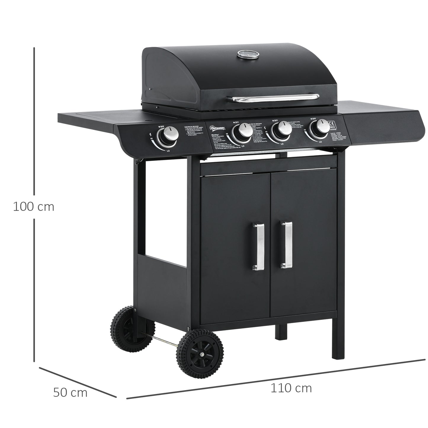 3+1 Burner Gas BBQ Grill, Outdoor Barbecue Trolley with Wheels