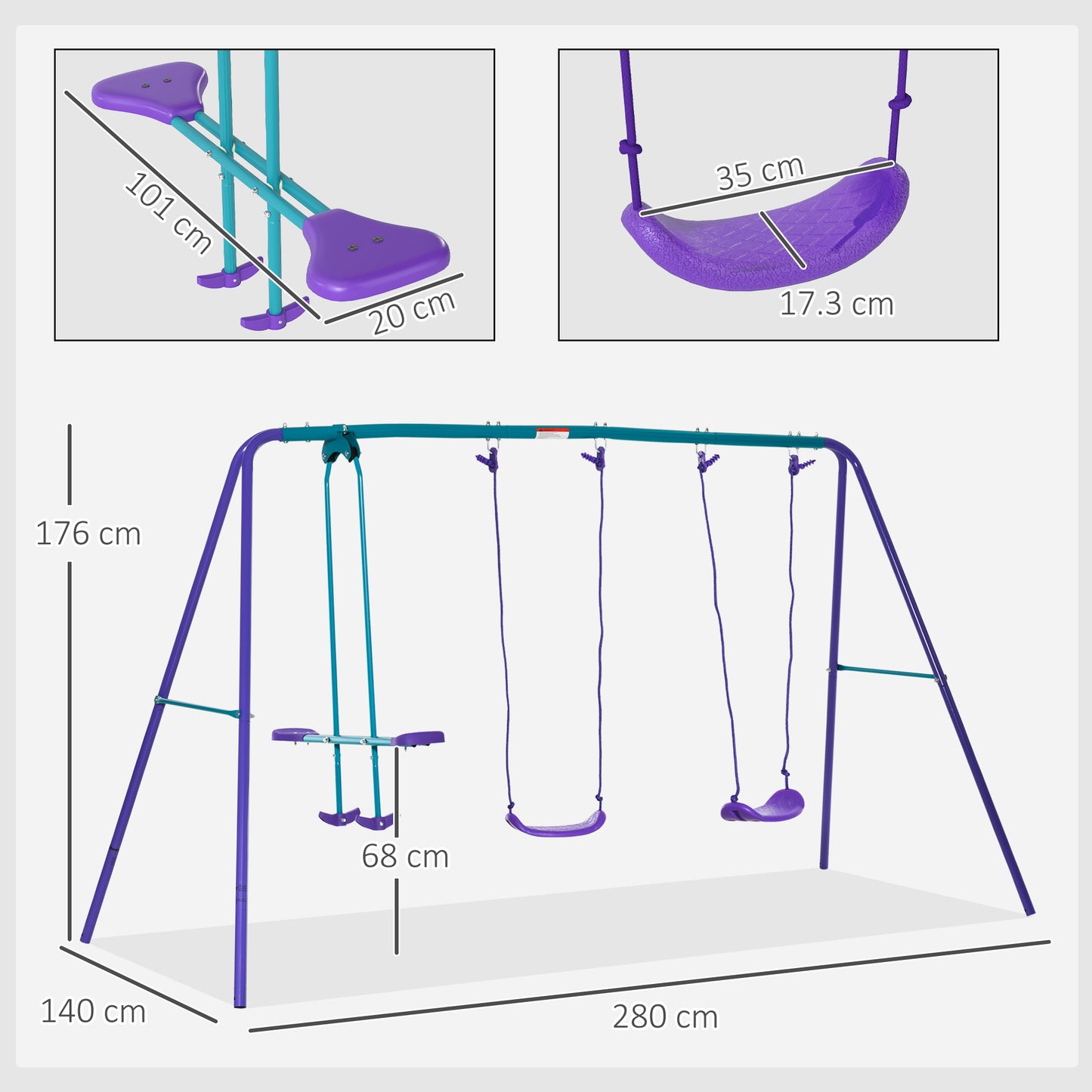Metal Swing Set, with Seesaw, Adjustable Height, for Ages 3+ Years