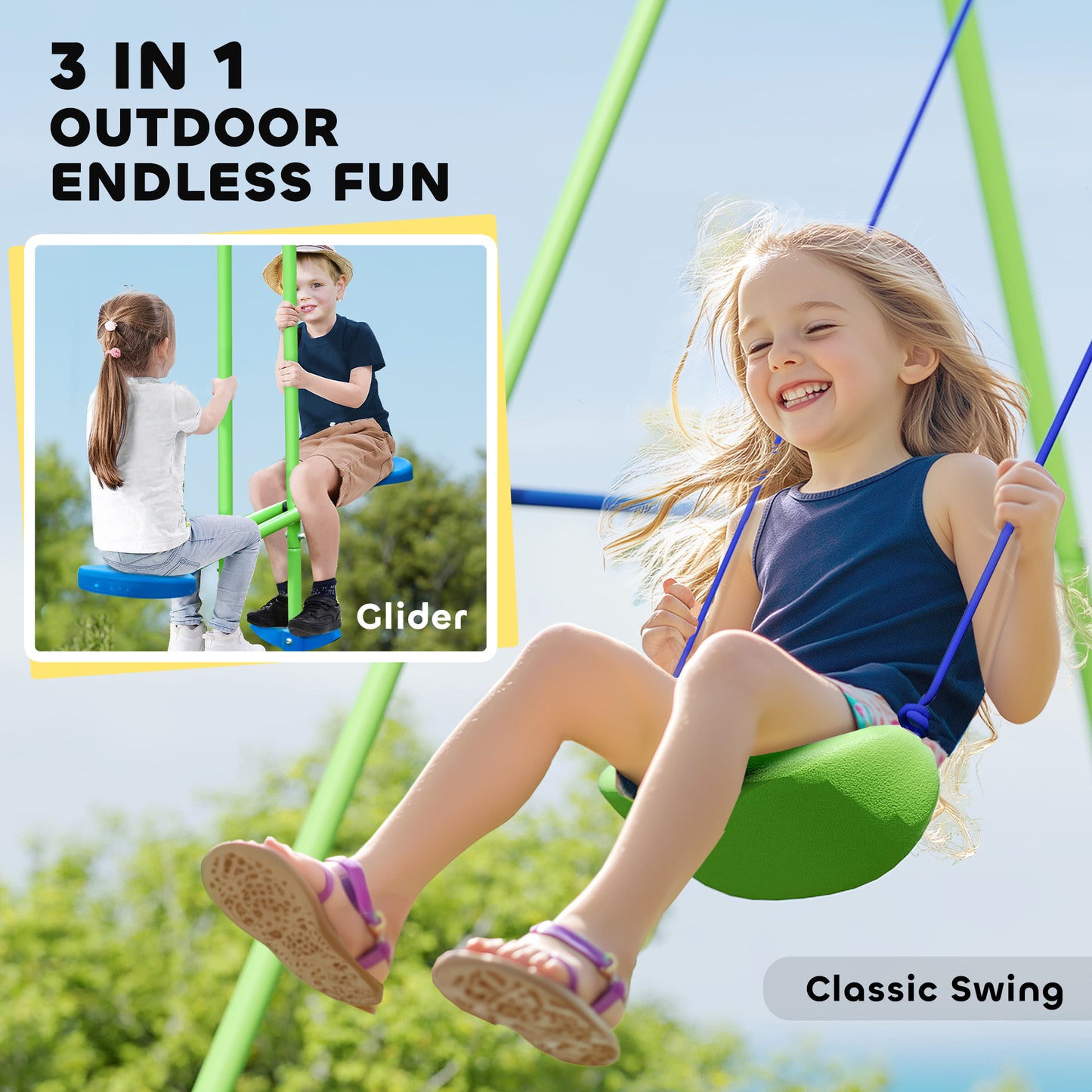 Metal Garden Swing Set Height Adjustable Children Outdoor Backyard