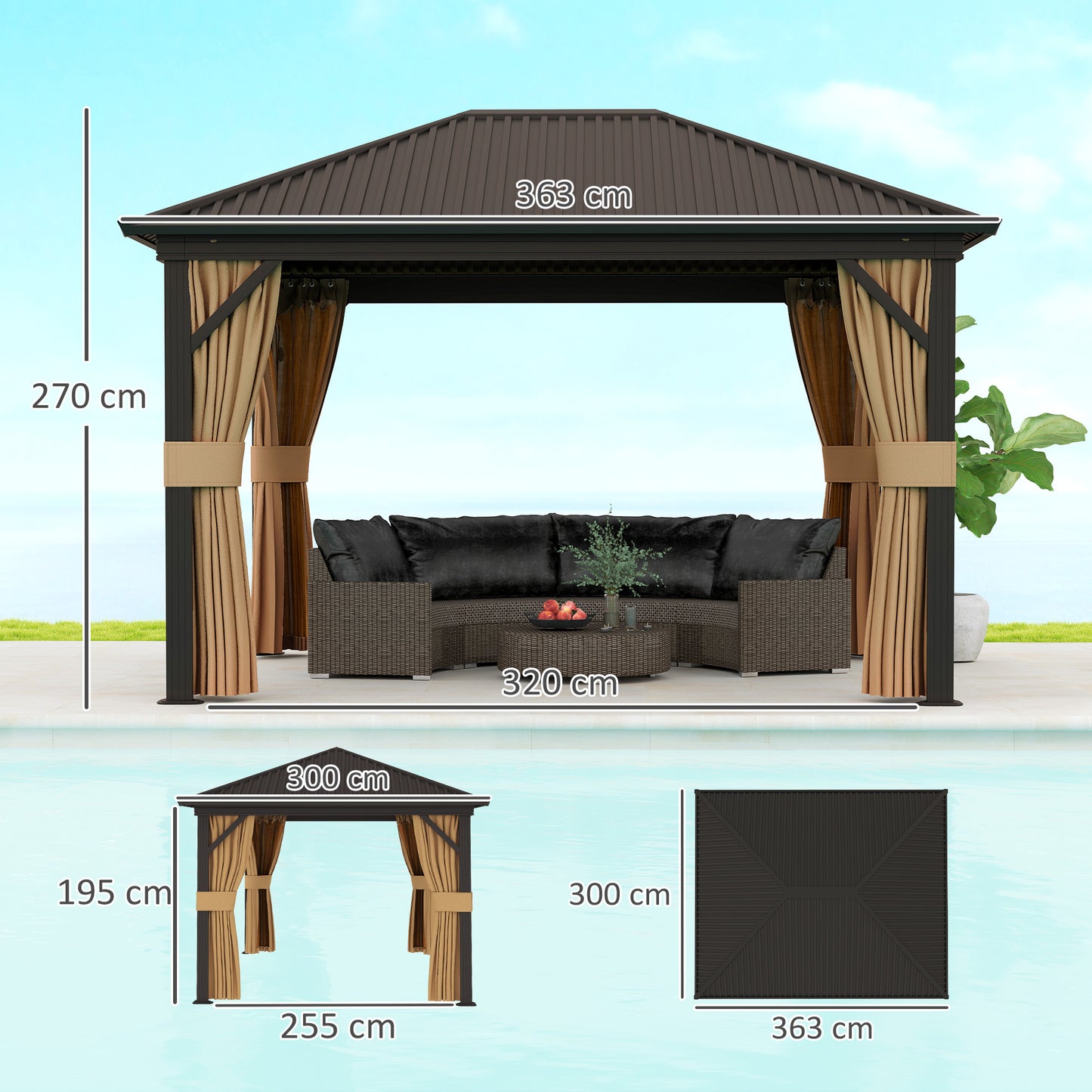 3.6 x 3 m Aluminium Hardtop Gazebo, with Accessories